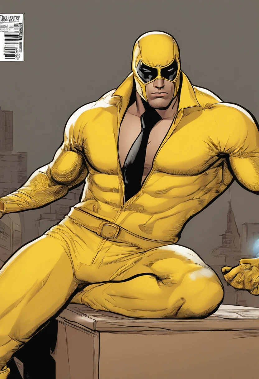 cartoon of a man in a yellow body suit laying on a table, a comic book panel inspired by Allen Jones, tumblr, rasquache, ????????? pose, scaly!!!, hziulquoigmnzhah, mummy, an exhausted deity, serpentine pose, ahhhhhhh, aaaaaaaaaaaaaaaaaaaaaa, detailed hot maw, desperate pose, exploitable image