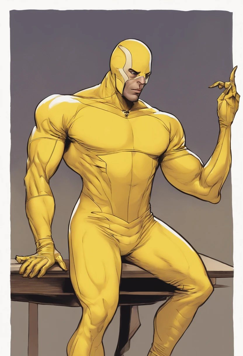 cartoon of a man in a yellow body suit laying on a table, a comic book panel inspired by Allen Jones, tumblr, rasquache, lecherous pose, scaly!!!, hziulquoigmnzhah, mummy, an exhausted deity, serpentine pose, ahhhhhhh, aaaaaaaaaaaaaaaaaaaaaa, detailed hot maw, desperate pose, exploitable image