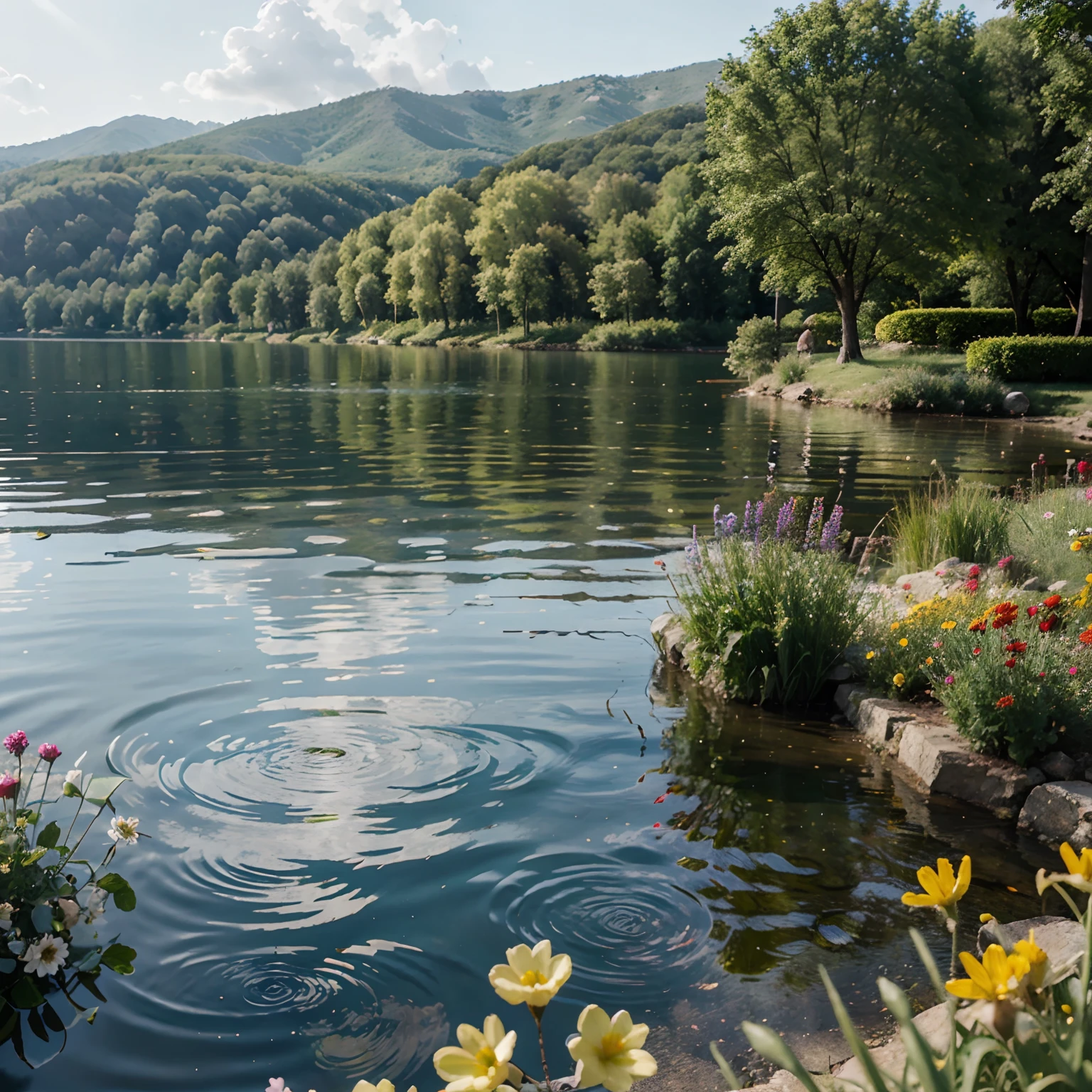 lake summer flowers bloom around the lake bright colors