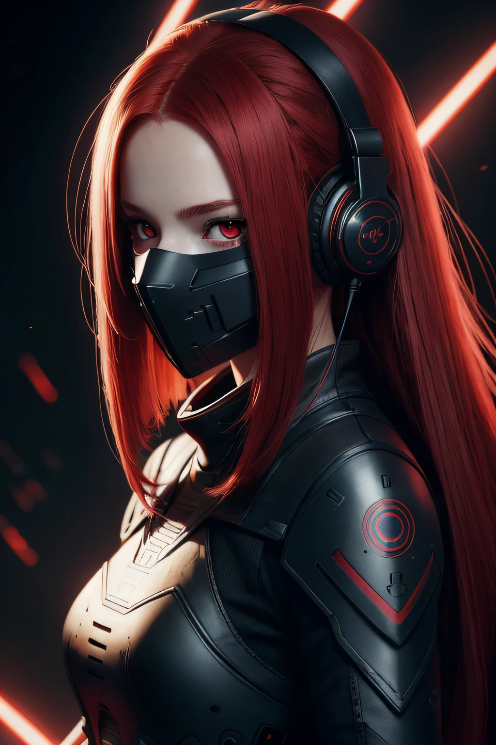 girl with long red hair, red eyes, futuristic vibes, mask on mouth, headphones, 8k, high quality, simple background, glowing eyes, nice pose