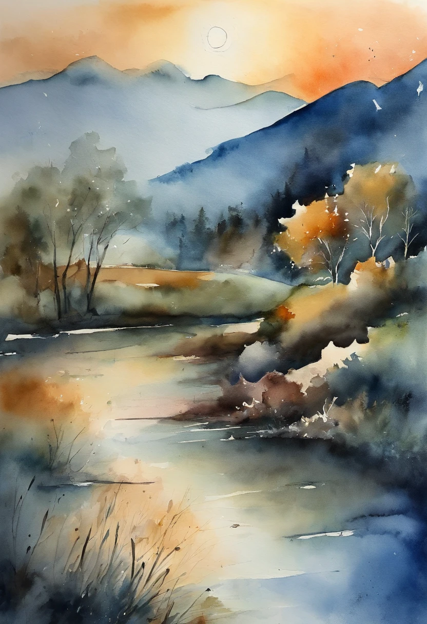 Simple landscape painting,Ancient wind,Around eleven o'clock in the evening,Clouds,themoon,naive,aquarelle,Star blue