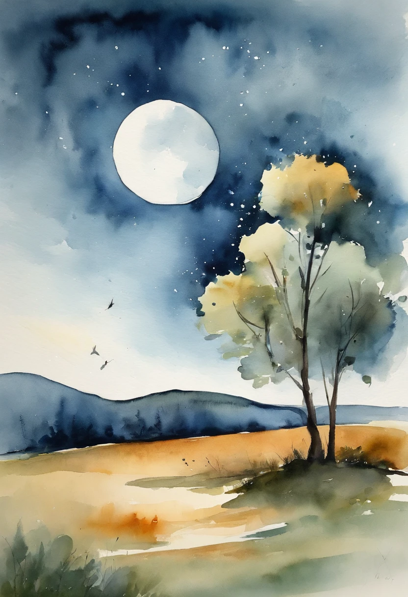 Simple landscape painting，Ancient wind，Around eleven o'clock in the evening，Clouds，themoon，naive，aquarelle，Star blue