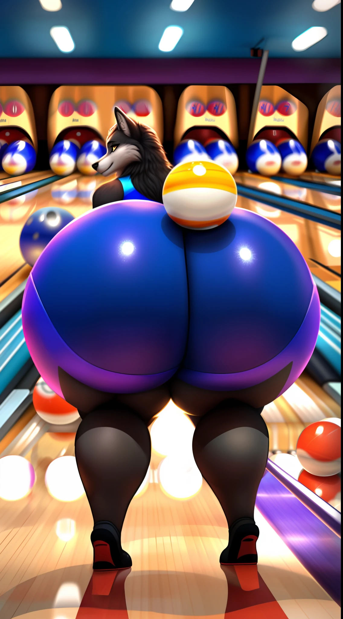 ((NSFW)) Furry female wolf with huge ass (((Bowling ball is being pushed inside of ass))) Bowling alley in the background. Bowling ball as dildo. Kinkyballs