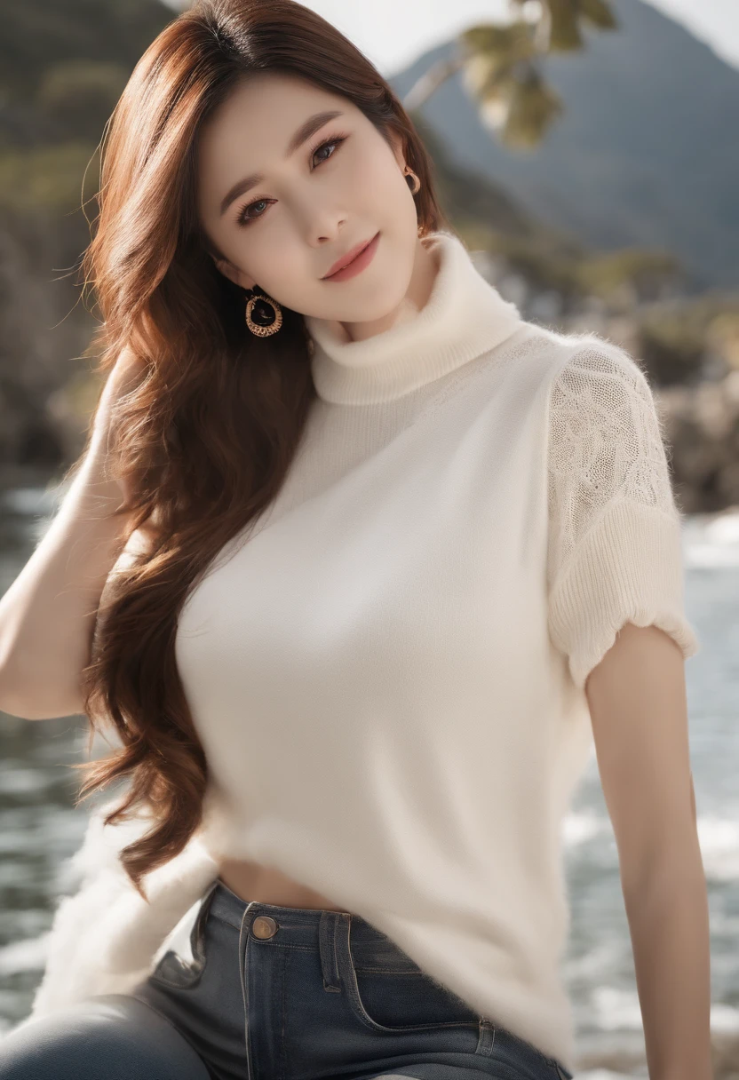 masutepiece, Best Quality, Photorealsitic, finely detail, hight resolution, 8K Wallpapers, Perfect dynamic composition, Beautiful detailed eyes, Medium Hair, large full breasts, Random and sexy poses,Bring your chest together、(Open Chest Mock Neck Crop Tank Top White Knitwear Clear Clave)、(Breast bulge 1.9)、A smile、open open mouth、Resort scenery、25-years old、(Drooping eyes 1.4)、Adult beauty、japanes