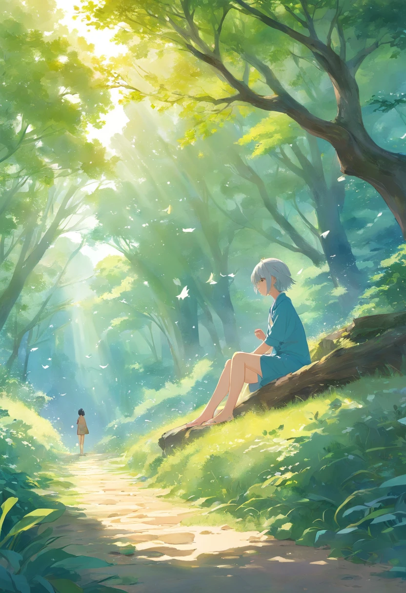 /imagine prompt: A silver-haired woman sits beneath a time-worn oak tree, her ethereal beauty harmonizing with the ancient surroundings. The forest around her hums with life - birds sing, leaves rustle, and a nearby brook trickles serenely. The atmosphere exudes tranquility and wisdom, like a scene from an old fairytale, Watercolor illustration, with delicate strokes and soft washes to bring out the enchanting, timeless quality, --ar 16:9 --v 5