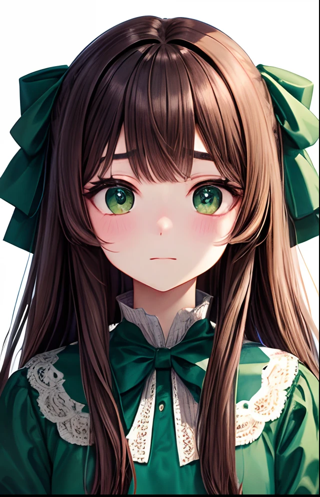 girl with、No background、without background、Background through、brown haired、Brown hair、The long-haired、long、Subject bangs、Pattsun bangs、Aligned bangs、Sareme、drooping eyebrows、Takuambi、Marovi、Round eyebrows、Green eyes、green colored eyes、、embarrassed、Shy face、bow ribbon、Green dress、Princess、long-sleeve、frilld、kawaii、No background