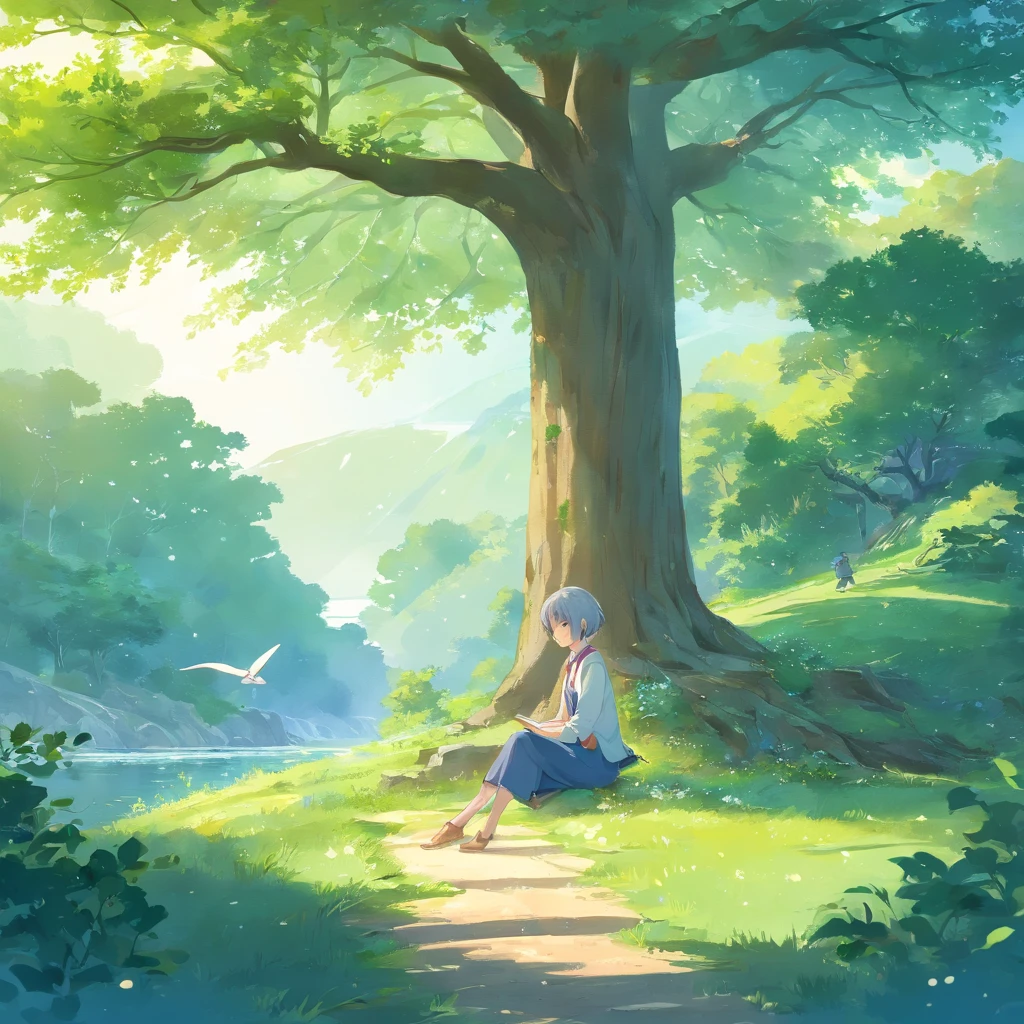 /imagine prompt: A silver-haired woman sits beneath a time-worn oak tree, her ethereal beauty harmonizing with the ancient surroundings. The forest around her hums with life - birds sing, leaves rustle, and a nearby brook trickles serenely. The atmosphere exudes tranquility and wisdom, like a scene from an old fairytale, Watercolor illustration, with delicate strokes and soft washes to bring out the enchanting, timeless quality, --ar 16:9 --v 5