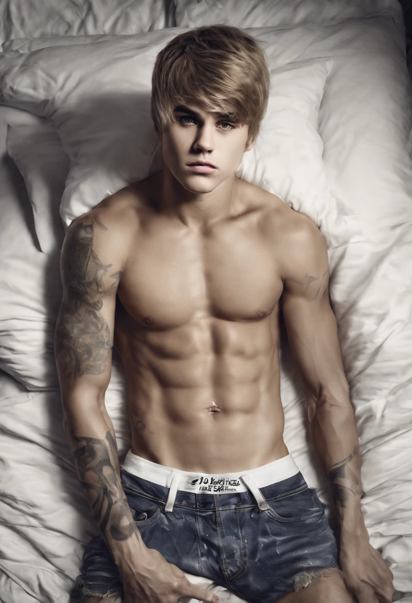 justin bieber in bed with bulging underwear flexing arm muscles