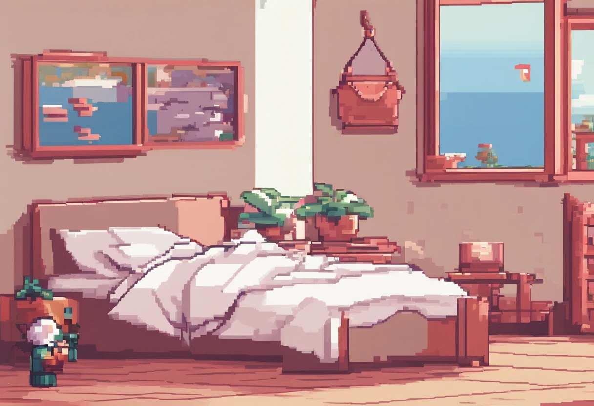 petite lady on bed, wearing white hoodie and a bikini bottom, cat mouth, smug, (:3:1.0), pixel art