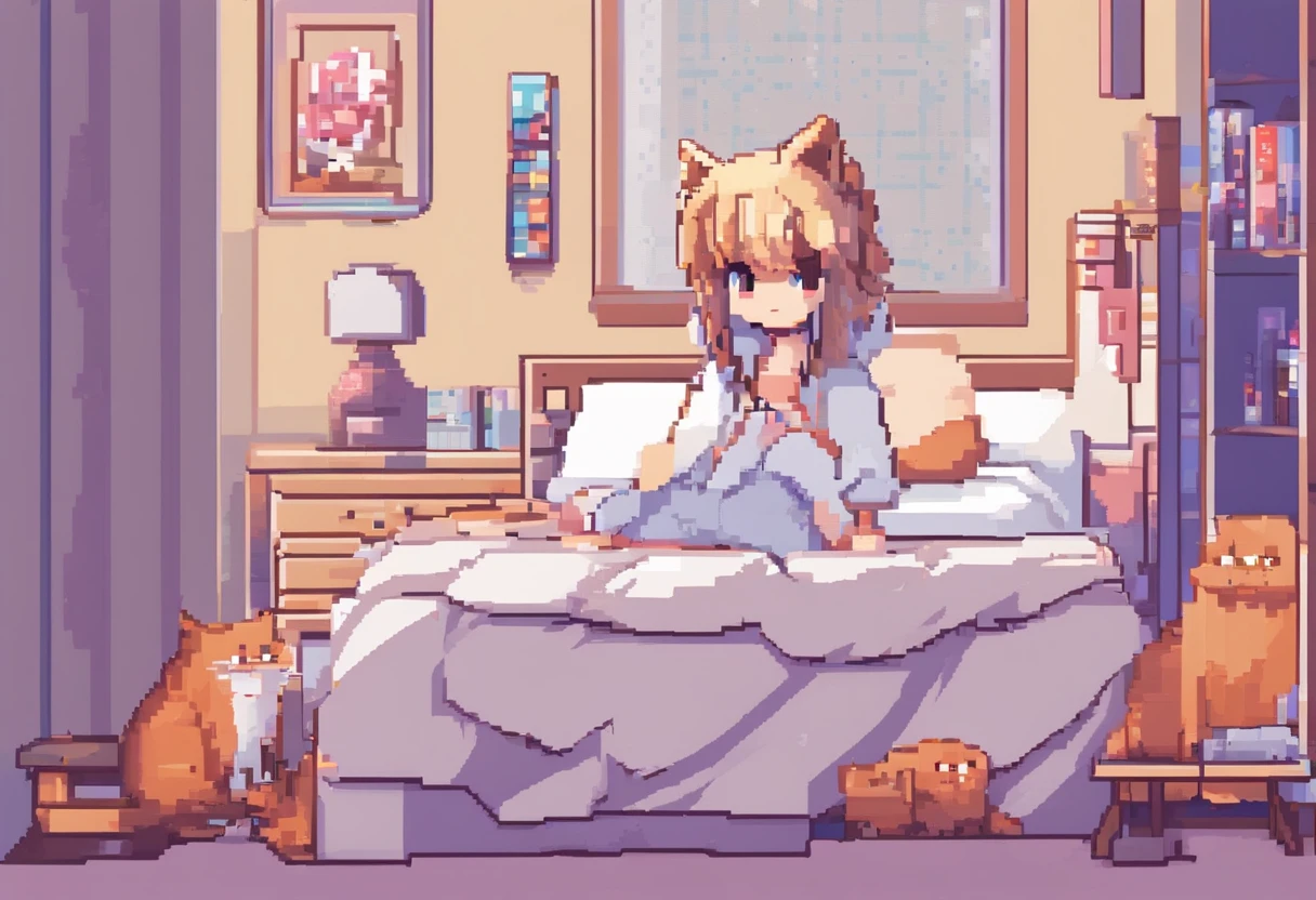 petite lady on bed, wearing white hoodie and a bikini bottom, cat mouth, smug, (:3:1.0), pixel art