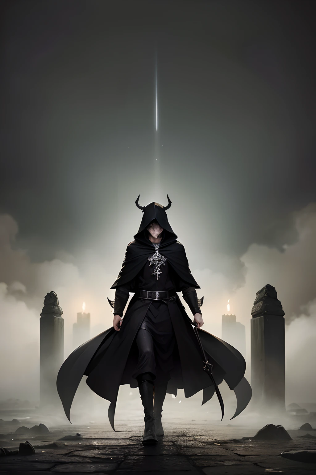 (best quality,ultra-detailed),dark man mage,full body,medieval,ruins,horned hooded cloak,ancient atmosphere,dusty,weathered stone,mysterious,enchanted,dark magic,mystical glow,sorcerer,spellcasting,staff of power,moonlit sky,ominous clouds,haunting shadows,eerie silence,gothic architecture,sinister aura,ancient runes,whispering winds,arcane symbols,ghostly figures,lurking shadows,majestic pillars,spooky atmosphere,magic in the air,misty mist,twisted vines,mysterious fog,dimly lit torches,spectacular detail,mythical realm,supernatural powers,mystical energy,stunning night scene,ominous presence,dramatic composition