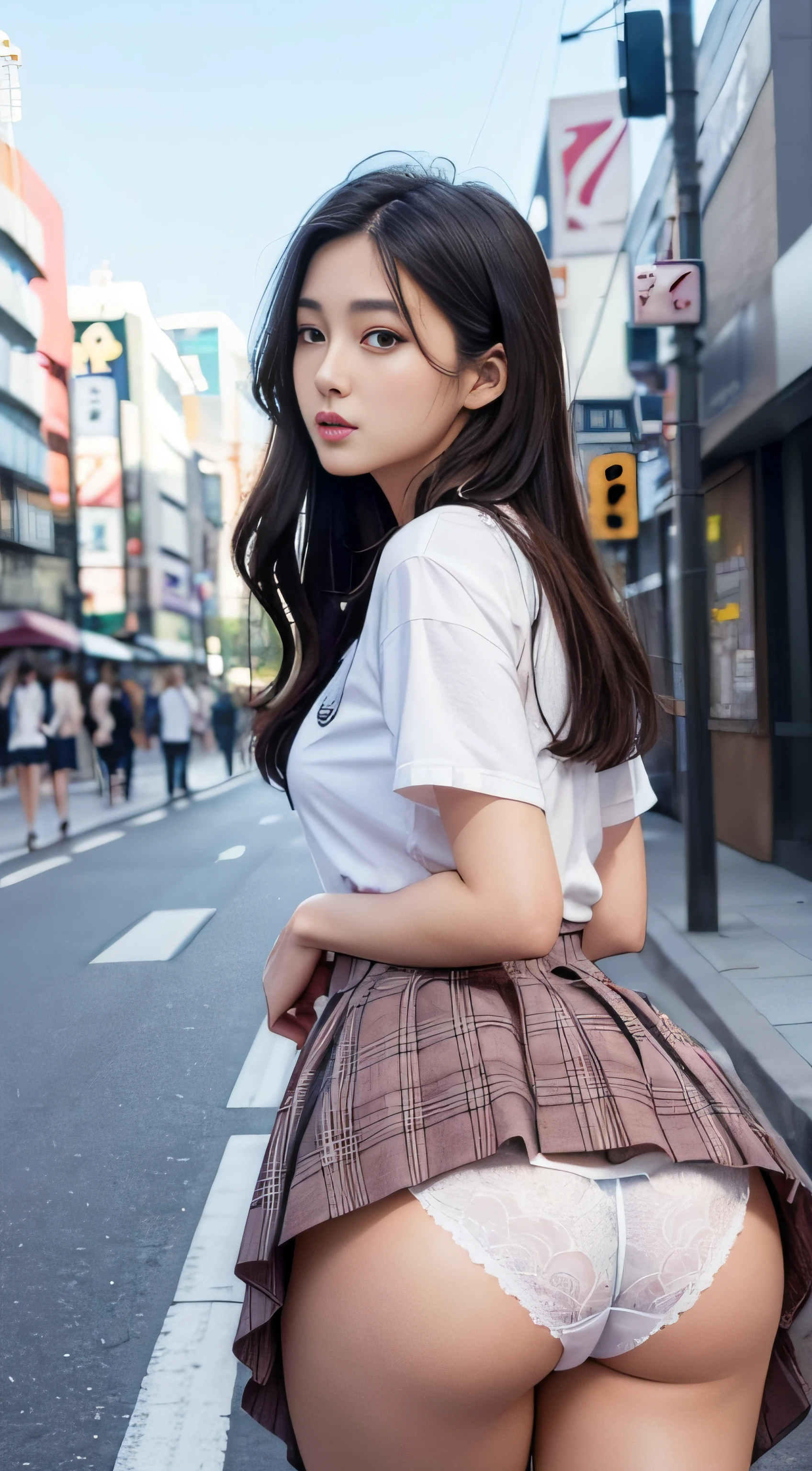 1girl in、(Super beautiful)、(beauitful face:1.5)、Japanese high school girl、(Back view)、(is standing)、(Full body shot)、(Show me your ass:1.3)、with spreading legs、(Face turns around:1.3)、(Looking at the camera)、(A detailed face:1.8)、(A detailed eye:1.5)、(Detailed lips:1.5)、(Detailed nose:1.5)、(Sky from below:1.4)、(Showing white panties:1.3)、(high-school uniform)、(plaid skirts:1.2)、(Sidewalks in Shibuya)、(At SFW:1.3)