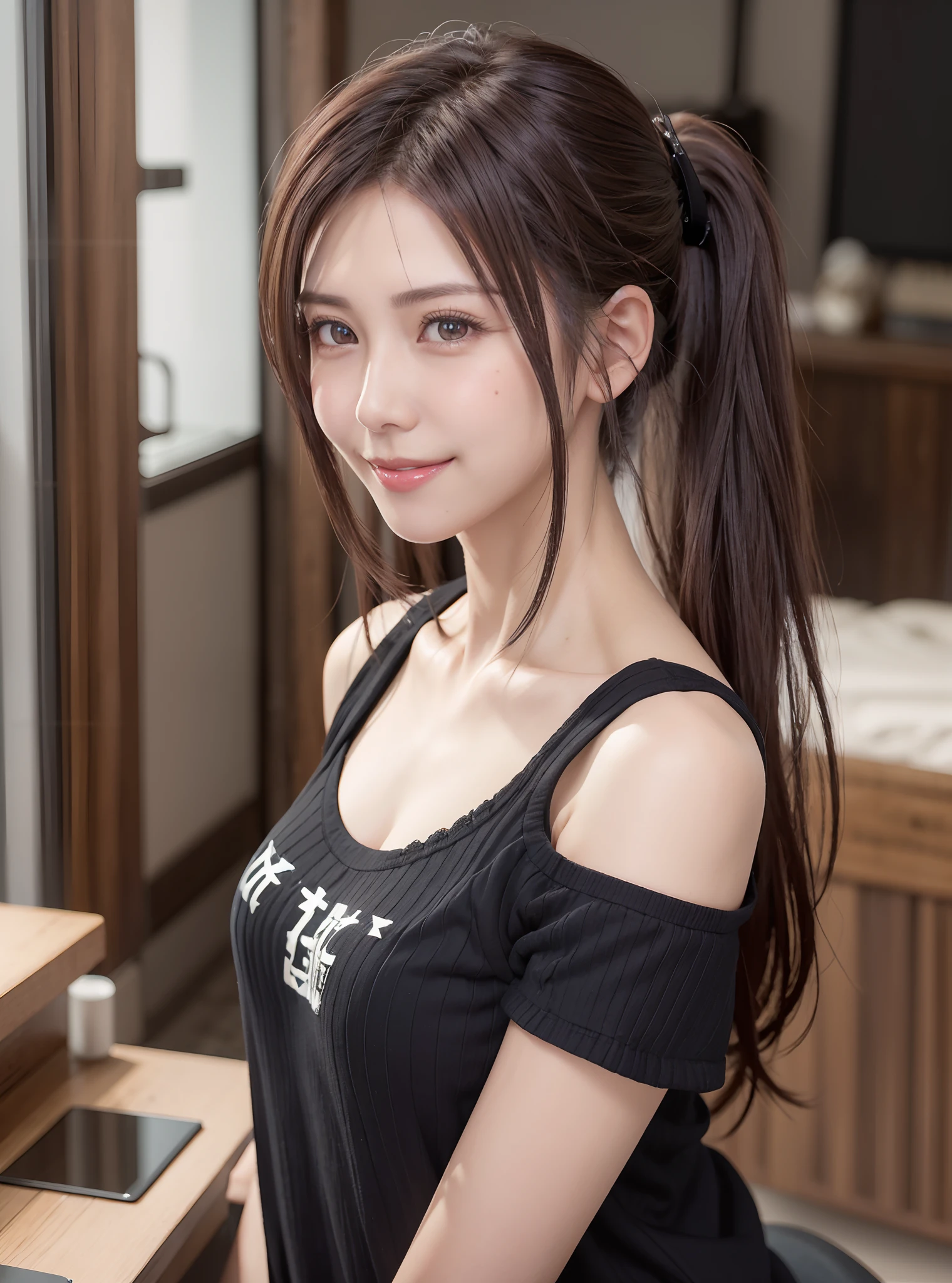 (Best Quality), (masutepiece), (High resolution), (Intricate details:0.2),(Professional Lighting), Room, Detailed background, Oversized black T-shirt, off shoulders, (Previous view), 1girl in, Solo, (Beautiful face:1.40),  Slim body, Fine skin, Smile, Brown hair with long ponytail,  look at at viewer,