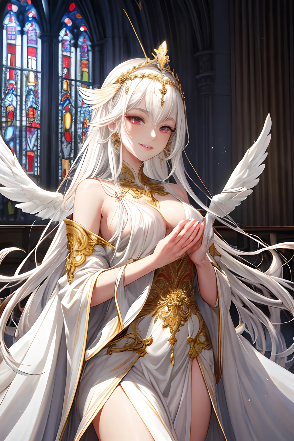 Masterpiece, Master Quality, Hi-Res, Super Detail: 1.4
Well-proportioned fingers, lovely hands, perfect hands, delicate fingertips, glossy nails, manicured nails: 1.4
Fantastic light, sparkling light: 1.4
White wings, three pairs of wings, large wings: 1.5
Radiant floating soul: 1.4
Artistic, fantastical: 1.4
Light streaming from stained glass: 1.4
Interior of a church, stained glass, prayer, white hair, long hair, spreading hair tips, curled hair tips, hair ornament, intricately carved hair ornament, headpiece, thin eyebrows, well-groomed eyebrows, beautiful eyes, red eyes, high-definition eyes, mature makeup, lustrous lips, plump lips, smile, lustrous skin, hair accessory, white long robe, glossy fabric, gold thread embroidery, glamorous, toned waist, angel.
