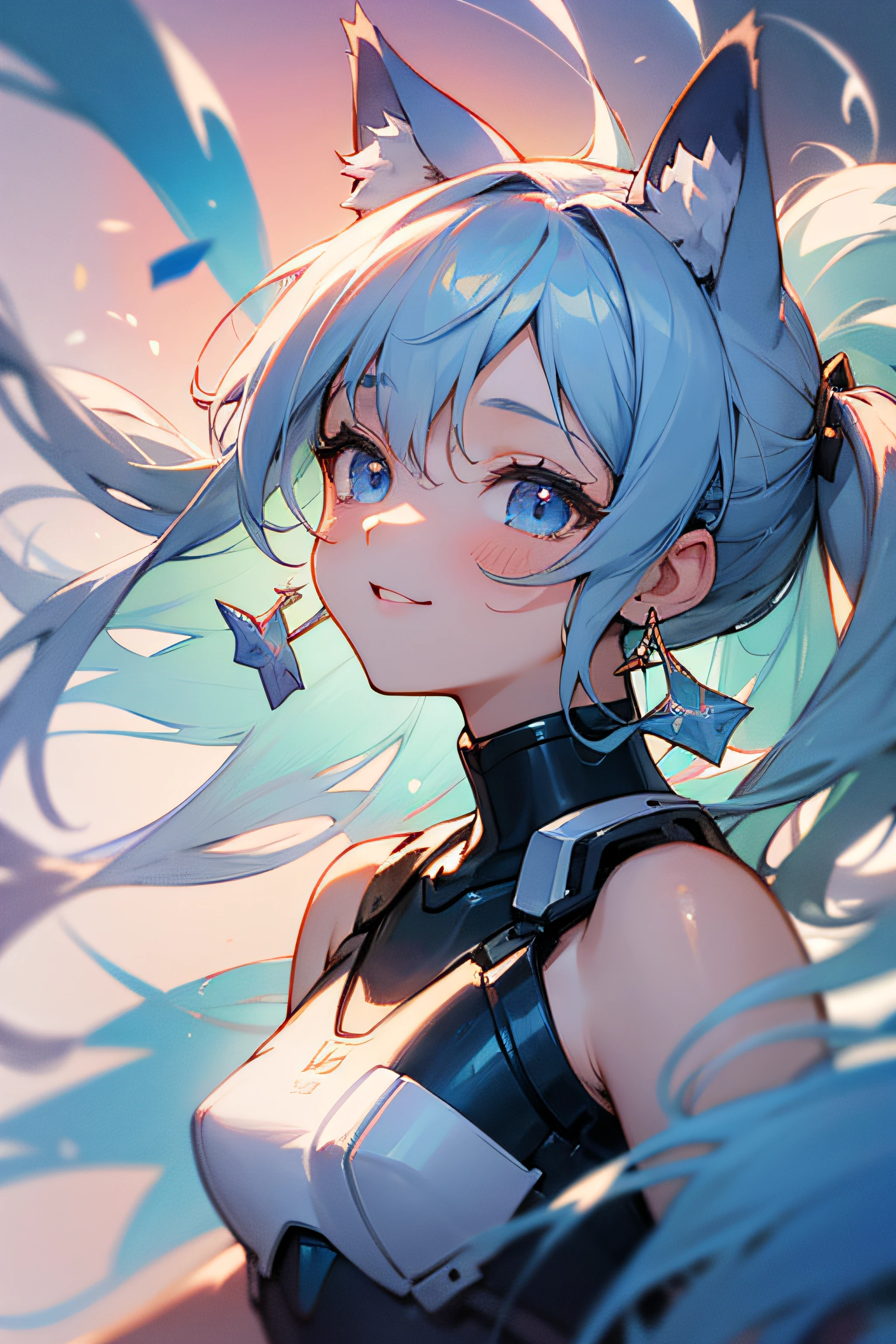(best qualtiy,tmasterpiece,watercolor paiting,Splash ink),1 Beautiful and delicate portrait of a girl,Playful and cute,Background with:Confetti drifts in the air, Very pastel,Very soft,multicolored hair, Keep hair long to the waist、Twin-tailed、Diamond-shaped dark blue earrings、Light blue hair、dark blue cat ears on the head、Light blue eyes、 Smile,Hair fluttering in the wind,Light blue and silver design,Sony FE 12-24mm F/2.8 grams,Examine brush strokes,, Backlit lighting, full bloom, Fuji colors, kanon, hyper HD, masutepiece, Anatomically correct, Best Quality, Textured skin,full body Esbian、(small tits)、looking to side、look up sky、Revealing black futuristic combat suit