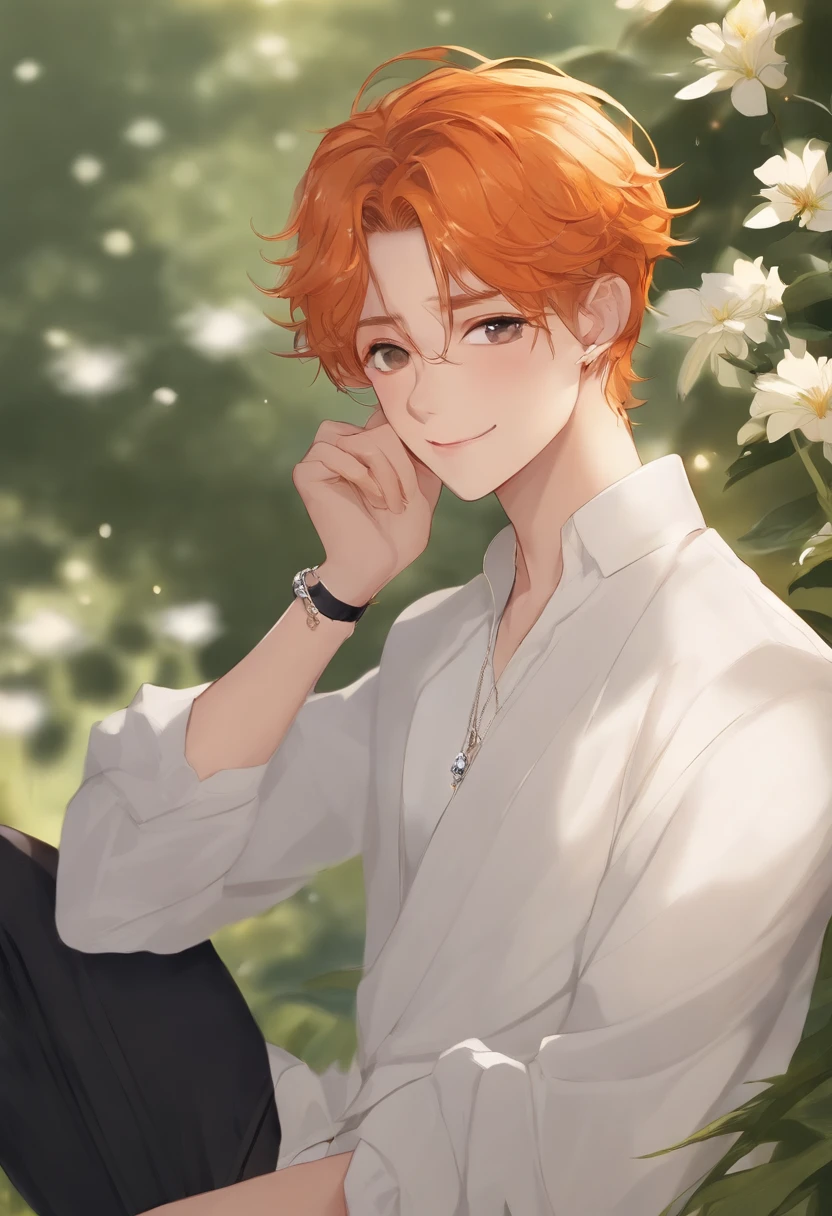 (masutepiece, Best Quality), Boys, , short bright orange hair, Smile, shoun, -faced, adolable, young age, short round face, Flat chin, Land of Crystals, ice field, Pubic hair, young age, Flat chin, finely detaild face, Clean skin, White Men's T-Back, short bright orange hair, Bright hair, Keep your eyes wide open, nakeness, Very narrow low-rise white laces, Slim and slender body, Abs, Sparkling like a diamond,Bright and vivid colors, (depth of fields:1.2), Looking at Viewer, the night, holy, Sensitive to light, By oneself, Sit on the crystal, spreads her legs, Close-up shot shots