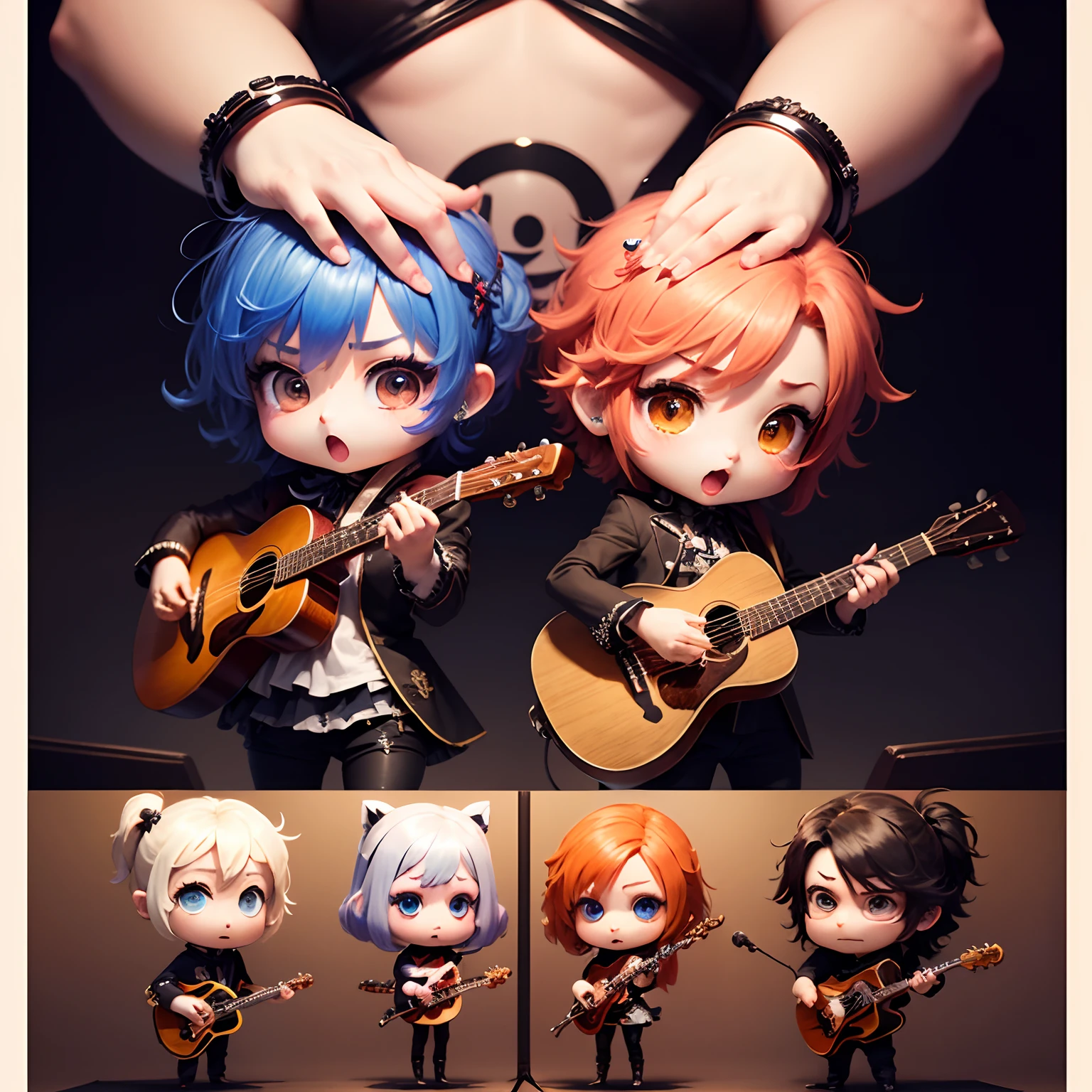 masterpiece、top-quality、ultra-detailliert、(Chibi Chara musicians:1.2)、(Artist Photo Flavor Image:1.2)、Visual Kei Band Vocals、ember、spot light、Live performance venue