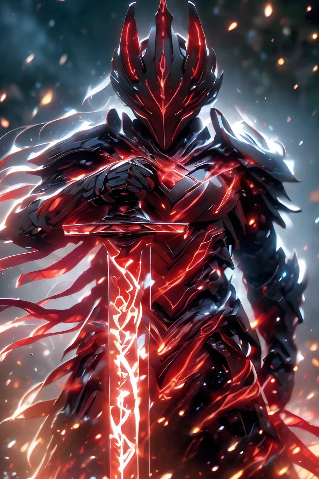 (high quality,4k,8k,highres,masterpiece:1.2),ultra-detailed,(realistic,photorealistic,photo-realistic:1.37),futuristic knight,black armor with fiery red magma details,sun-colored eyes, fair skin, curly red and black hair, holding a sword emitting magma and lights.