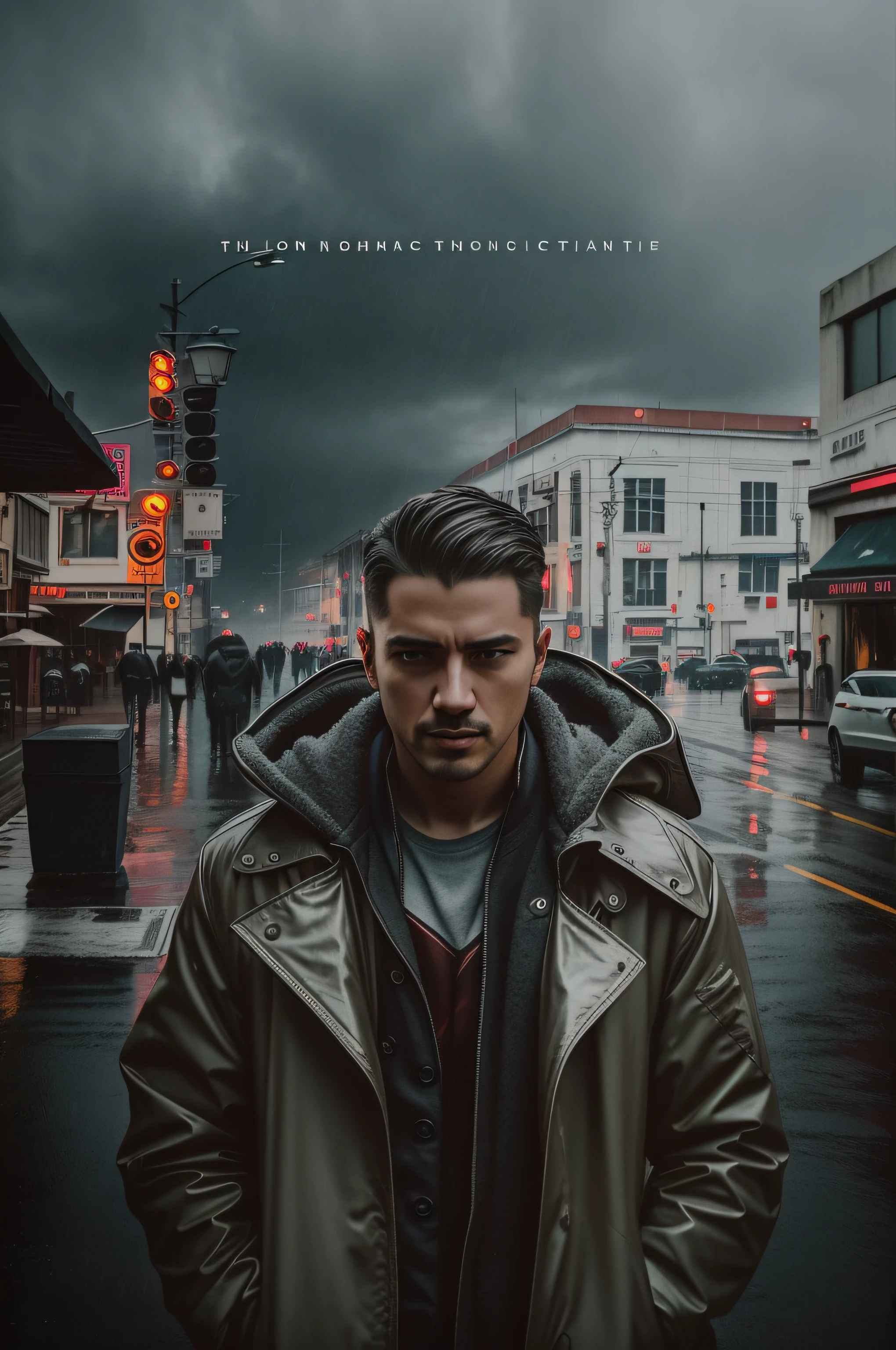 there is a man standing in the rain in a city, don't change face, overcast, cinematic light, sidelighting, ultra high res, best shadow, RAW, upper body, old man, wearing pullover !!! cinematic focus, cinematic photograph concept art, cinematic portrait, cinematic photogtaphy, cinematic realistic portrait, cinematic. by leng jun, cinematic realistic photo, cinematic post process, cinematic ligting, cinematic photography, cinematic lut, matte painting portrait shot, cyberpunk lut, cinematic photo, cinematic gritty lighting, best shadow