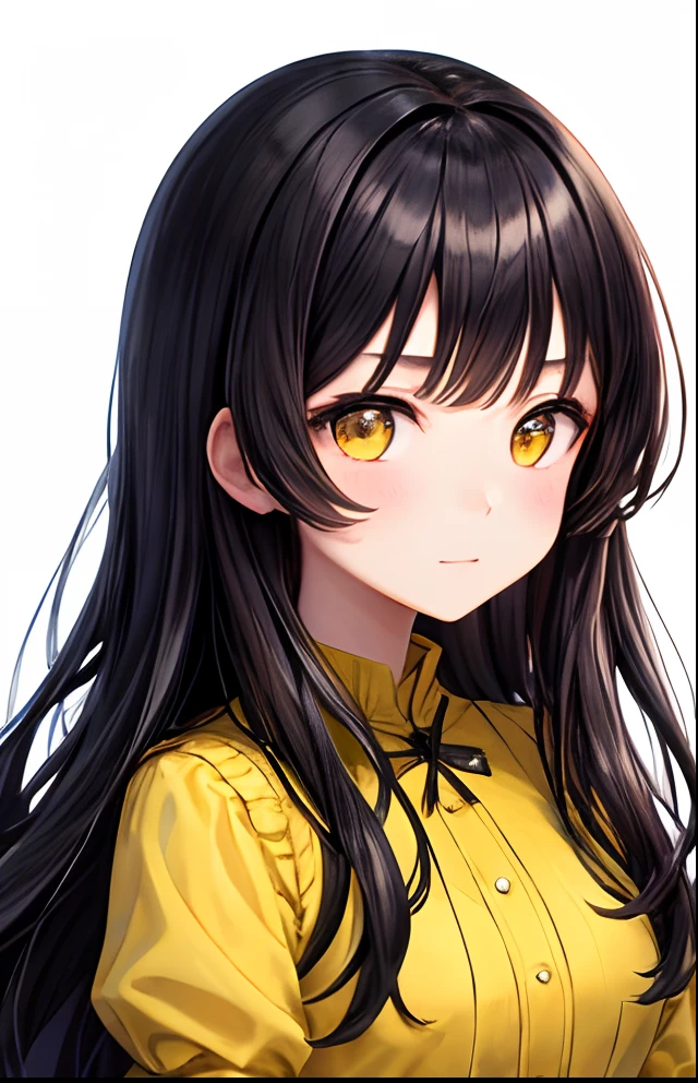girl with、No background、without background、Background through、Black hair、Black hair、The long-haired、long、Subject bangs、Pattsun bangs、Aligned bangs、Sareme、drooping eyebrows、Takuambi、Marovi、Round eyebrows、Yellow eyes、Yellow eyes、、embarrassed、Shy face、Yellow dress、Princess、long-sleeve、frilld、kawaii、No background