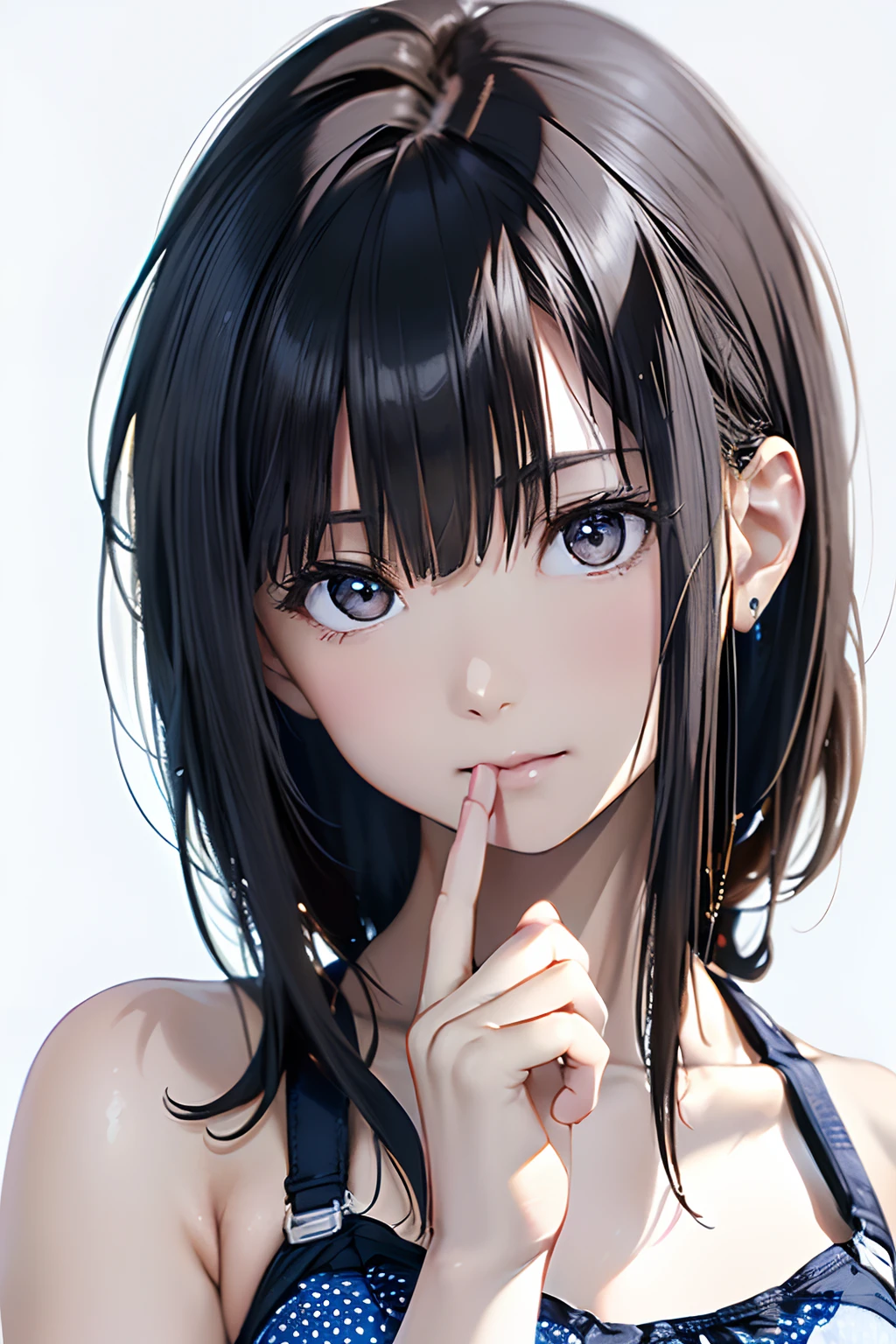 (Best Quality, 8K, Oil Painting, masutepiece:1.2), Ultra-detailed, (Realistic, Photorealistic:1.37), (((bustshot)))、(((Black hair)))、(((White bra)))、(((upperbody shot)))、(((Blue polka dot bikini)))、(((20Women of a certain age)))、(((Small Micro Bikini)))、 (((A dark-haired)))、(((semi long hair)))、((( White background)))、(((Girly Hairstyles)))、(((Round Bikini)))、(((In front of a white wall)))、(((I'm in a hurry)))、(((Nothing on the top of the head)))、(((I'm going to be late)))、(((Spread your palms in front of your mouth)))