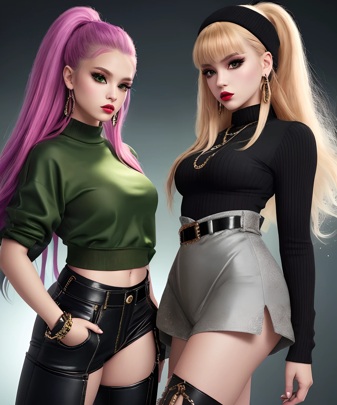 Please generate a high-resolution, ultra-detailed and realistic artwork inspired by the Y2K clothes style. The main color scheme should consist of muted black and green colors. The artwork should include a person wearing a tight-fitting top and loose-fitting pants, accessorized with golden jewelry. The design of the clothes should feature clouds and stars. The person should be wearing matching boots that complement the top and bottom clothes. The artwork should have muted autumn colors, professional studio lighting, and physically-based rendering to ensure a sharp focus and extreme detail in the portrait. Full body image. The overall style should be inspired by monster high style.