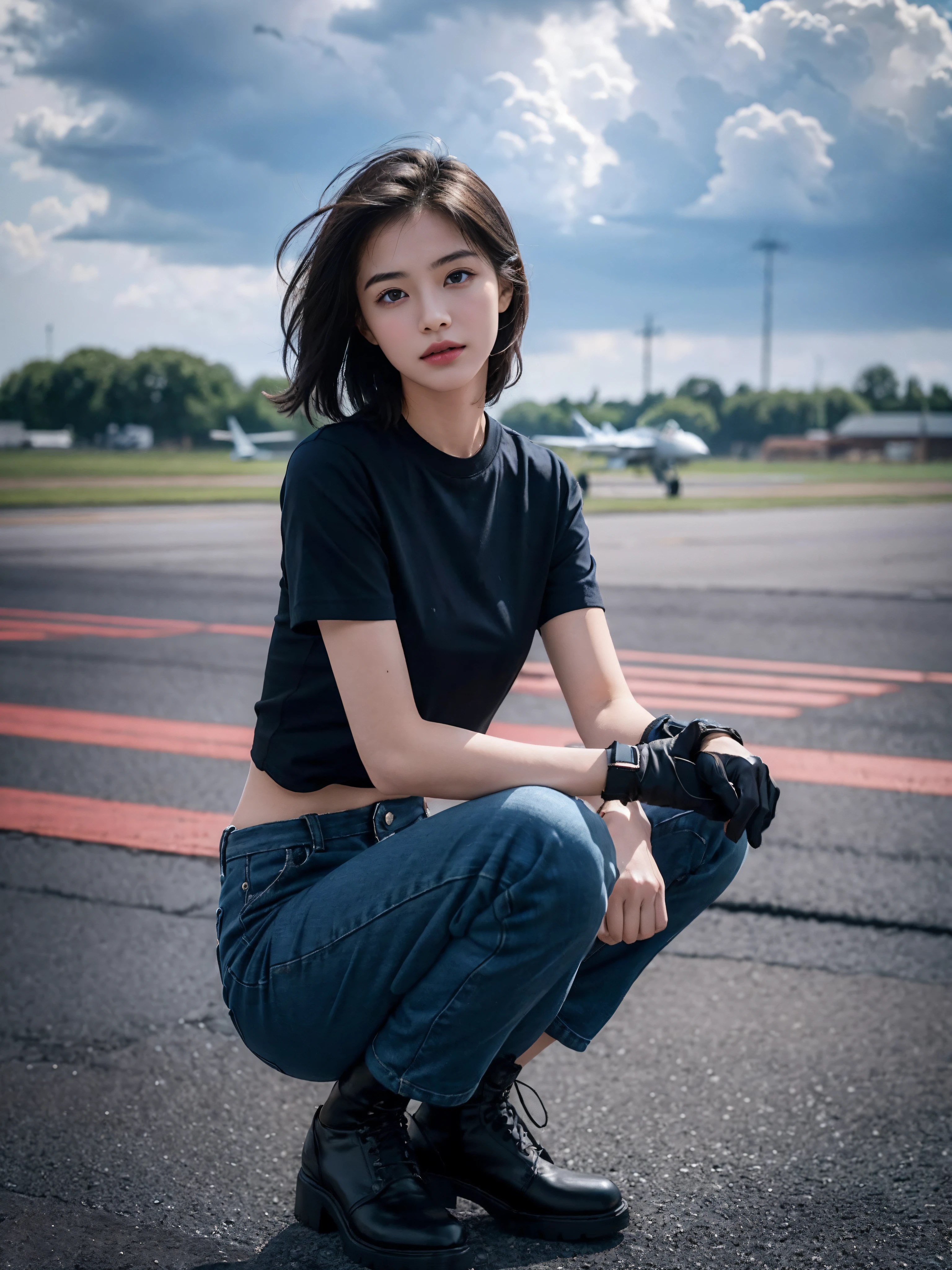 ((smallunderboob,Tomboyish,small heads)), (Well-defined abs: 1.1), (perfect bodies: 1.1), (short-length straighthair: 1.2), Black hair, upper body photos,（极其细致的CG 8k壁纸），（Extremely refined and beautiful），（tmasterpiece），（best qualtiy：1.0），（超高分辨率：1.0），beautiful light up，Perfect lightning，realistic shaded，[A high resolution]，Smooth and flawless fair skin，ultra - detailed ，Elongated legs，flatchest，Slim，emaciated，Female repairman，At military airfields，On the tarmac of a fighter，open air，summertime，in the afternoon，Severe cloudy days，with intense rain，Next to the huge Su-27 fighter，Under the wing of the fighter，Next to the landing gear of the fighter，Next to the tires，Standing or sitting or squatting，Wear dirty dark blue gloves on both hands，Dark blue short-sleeved T-shirt，Dark blue fabric trousers，Dark blue cloth shoes