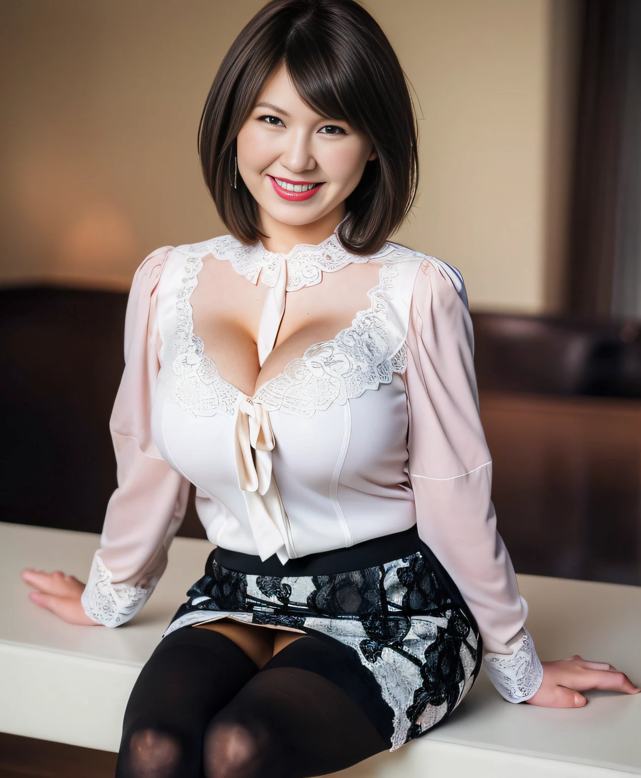 best qualtiy, (A MILF:1.2), short-hair, (huge-breasted:1.4), (pencil skirts:1.2), (tight lace blouse:1.2), (Smile:1.0), (pantyhose:1.0)