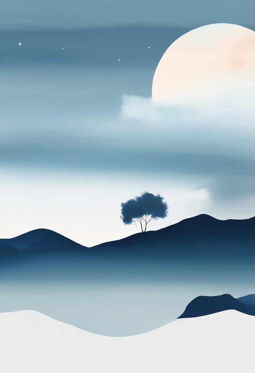 Simple landscape painting,Ancient wind,Around eleven o'clock in the evening,Clouds,themoon,naive,Hand drawn watercolor,Star blue