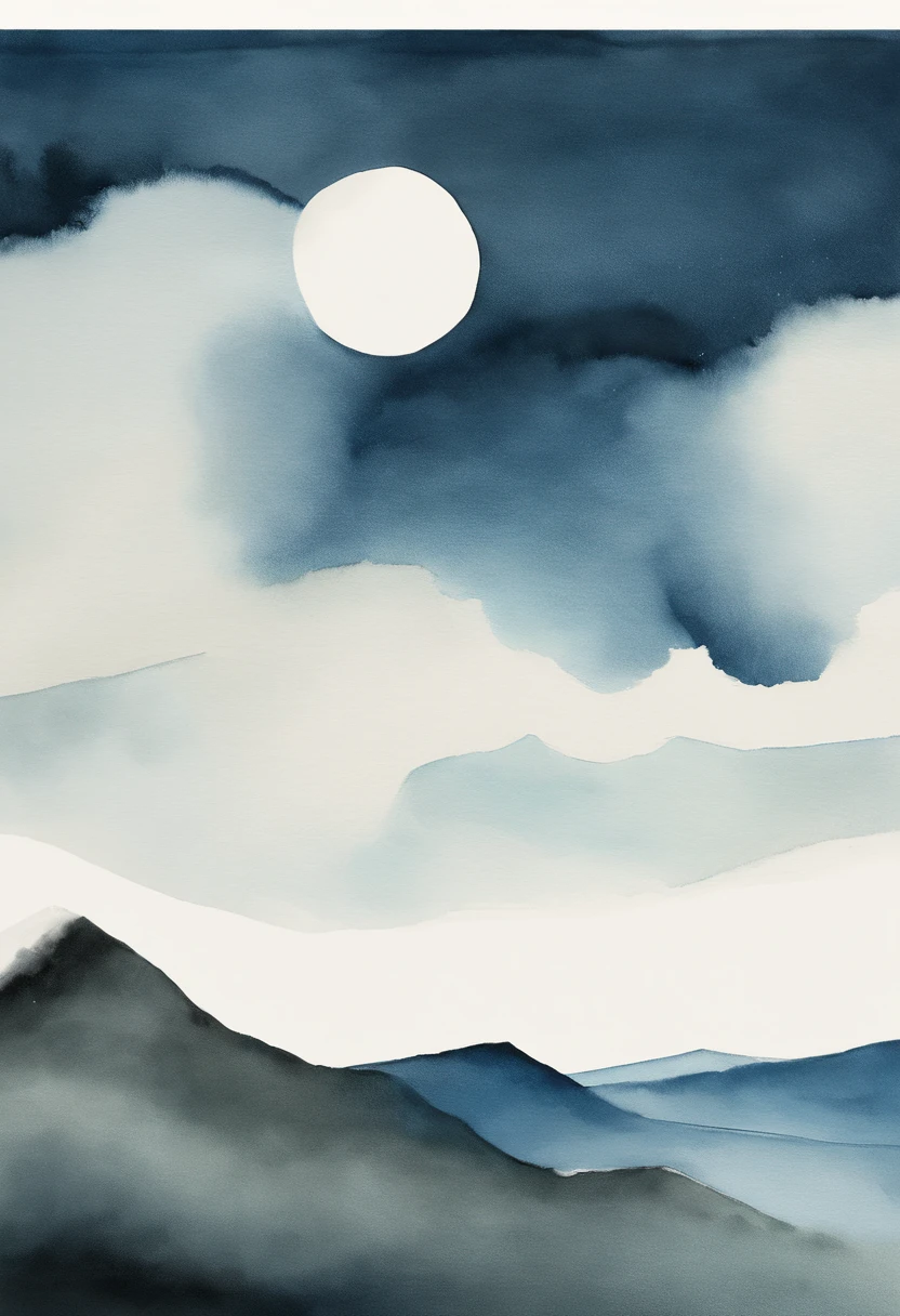Simple landscape painting，Ancient wind，Around eleven o'clock in the evening，Clouds，themoon，naive，Hand drawn watercolor，Star blue