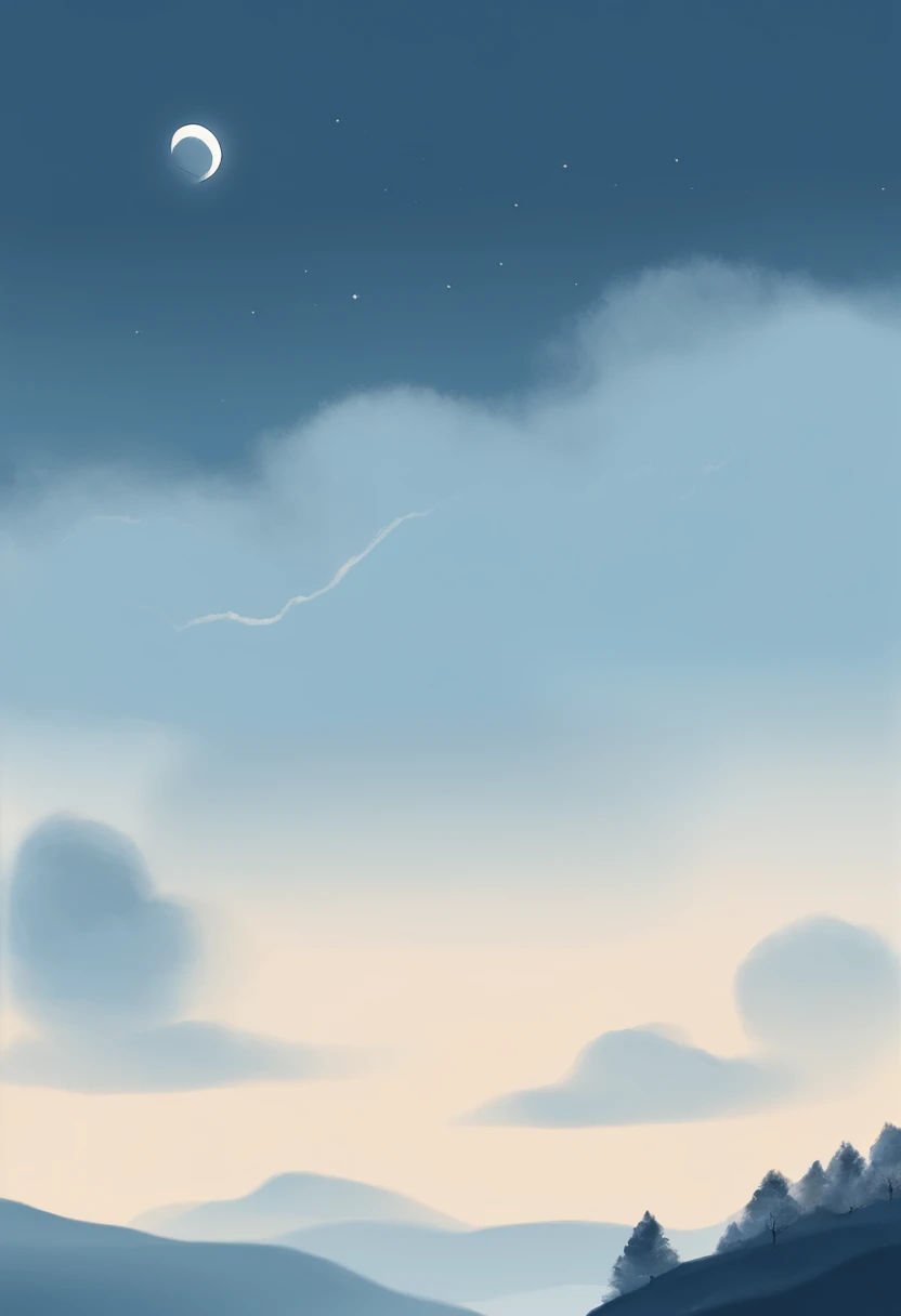 Simple landscape painting,Ancient wind,Around eleven o'clock in the evening,Clouds,themoon,naive,Hand drawn watercolor,Star blue