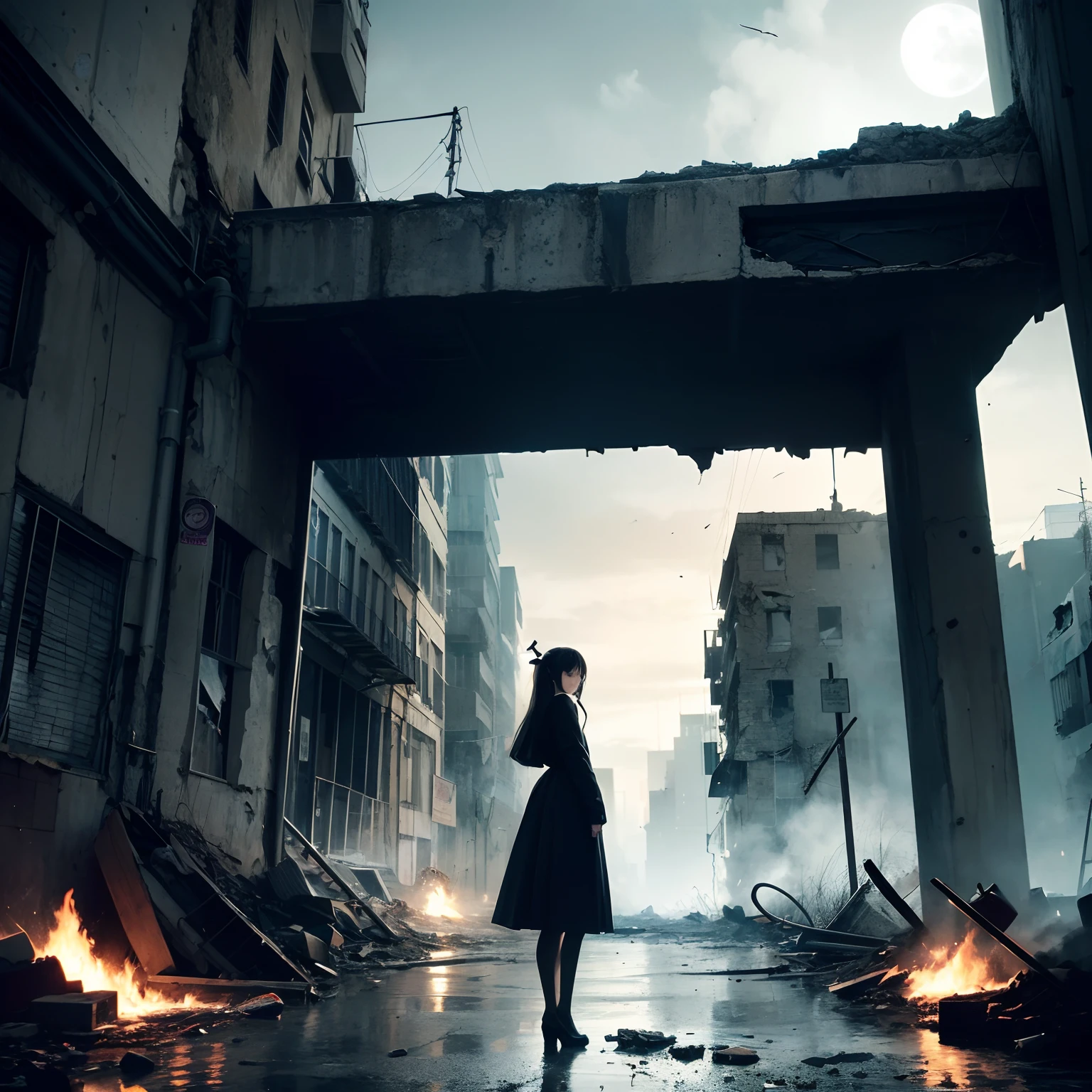 1girl in, Long hair, Bright hair color, Seductive eyes, mysterious expression, mature appearance, Attractive dresses, A flowing dress, Elegant Jewelry, complicated decoration, Magic Symbols, Glowing Accessories, potions, sscroll, Cute accent, the bow, bow ribbon, Flowers, Dark post-apocalyptic scenes,(Best Quality,hight resolution),(Detailed textures,rich texture),(ominous vibe,Ominous tone:1.1),(Crumbling buildings),A meteorite is falling,Powder々windows that became,Ruined streets,Smoke-filled air,Dark clouds gather,Ominous lightning,Desolate landscape,dead wood,Folding structure,Empty and abandoned city,dark sky,Eerie silence,Despair and despair,Vivid colors:(1.1,Dark and desaturated),Dramatic Lighting,Shadows Swallowing the Scene,Post-apocalyptic ruins,Desolation and destruction,Loneliness and emptiness,Distant sound of sirens,Ominous moon in the sky,Damaged and corrupted objects,Burning fires,Unrecognizable wreckage,fading sunlight,Persistent rain,Dark shadows haunting the streets