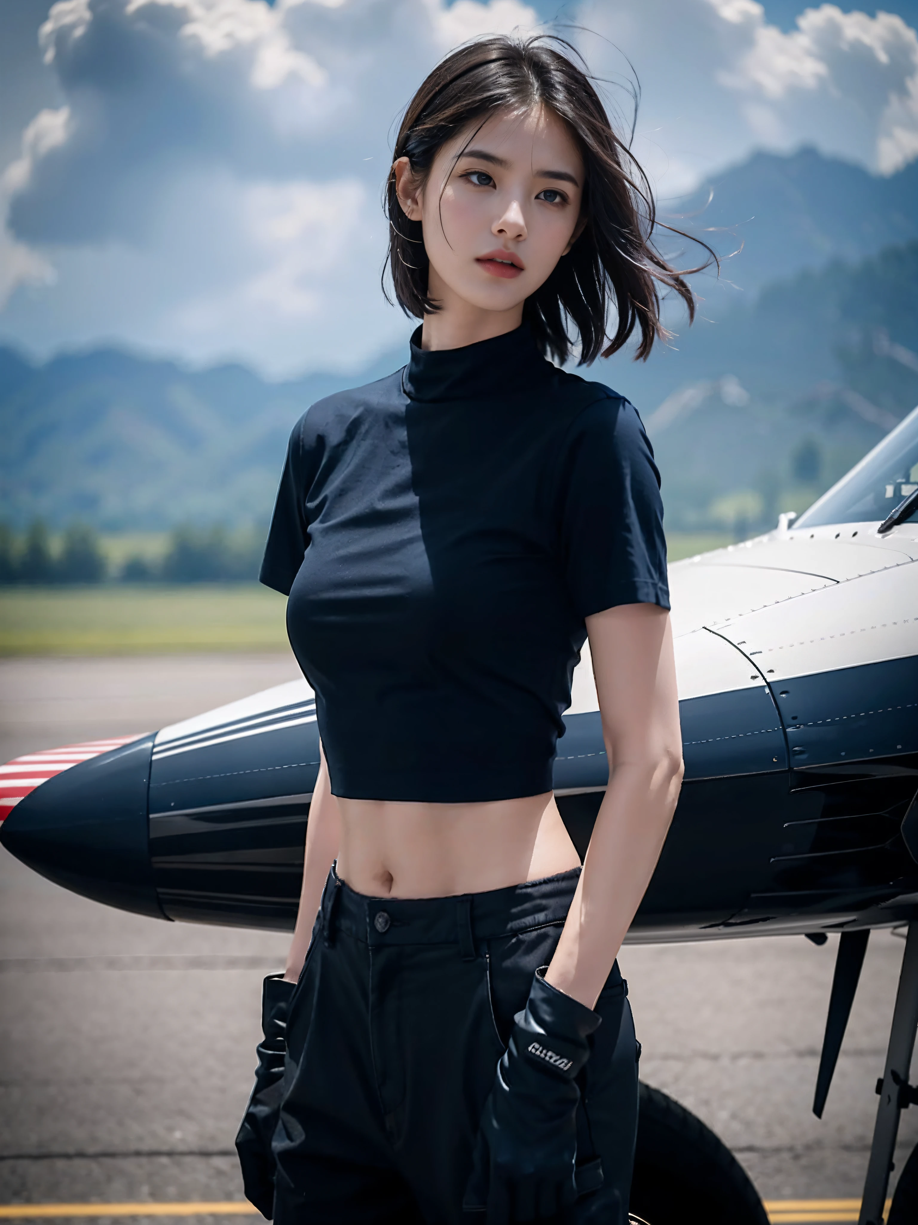 ((smallunderboob,Tomboyish,small heads)), (Well-defined abs: 1.1), (perfect bodies: 1.1), (short-length straighthair: 1.2), Black hair, upper body photos,（极其细致的CG 8k壁纸），（Extremely refined and beautiful），（tmasterpiece），（best qualtiy：1.0），（超高分辨率：1.0），beautiful light up，Perfect lightning，realistic shaded，[A high resolution]，Smooth and flawless fair skin，ultra - detailed ，Elongated legs，flatchest，Slim，emaciated，Female repairman，At military airfields，On the tarmac of a fighter，open air，summertime，in the afternoon，Severe cloudy days，with intense rain，Next to the huge Su-27 fighter，Under the wing of the fighter，Next to the landing gear of the fighter，Next to the tires，are standing，Wear dirty dark blue gloves on both hands，Dark blue short-sleeved T-shirt，Dark blue fabric trousers，Dark blue cloth shoes