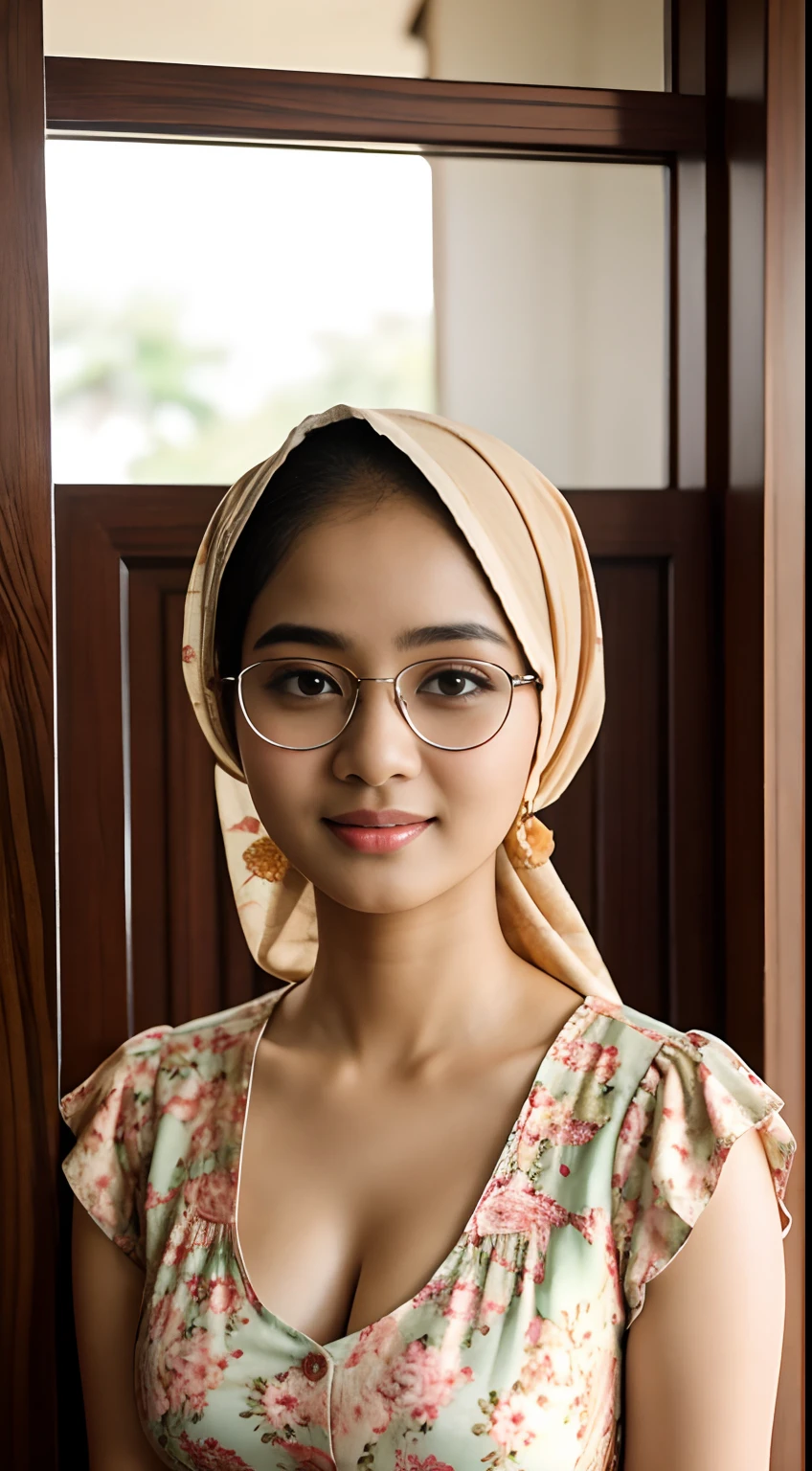 (iu:0.8),cleavage, RAW, Best quality, high resolution, Masterpiece: 1.3, Beautiful glasses hijabi javanese girl wearing floral sundress, Masterpiece, Soft smile