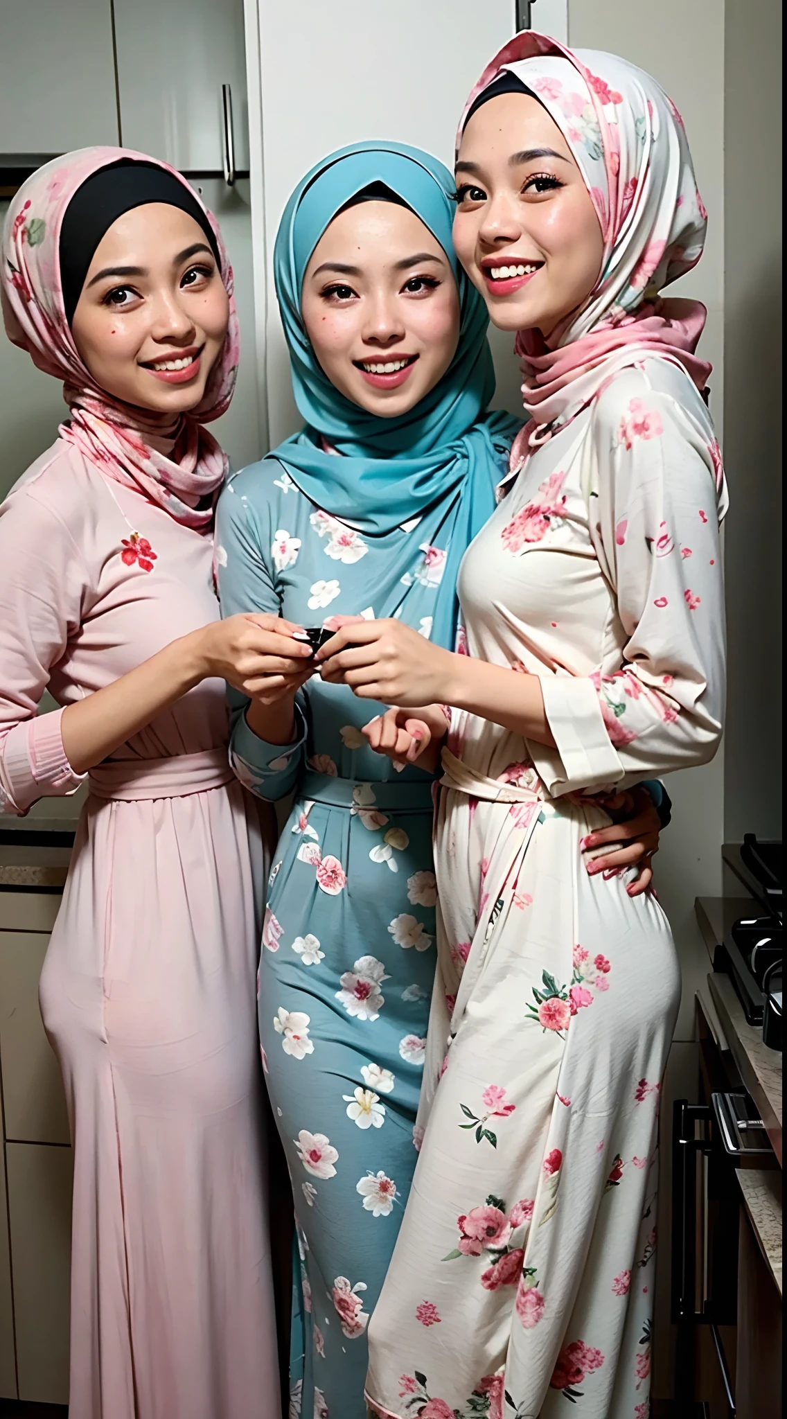 4 beautiful malay girl in pastel color hijab taking picture in modern kitchen, wear pastel blue and white floral pattern baju kurung, friendly and laughing situation, laughing, happy, modern pastel color kitchen, detailed skin texture, soft lighting, pastel color theme, high quality, movie shot framing, ultra detail, 8k,