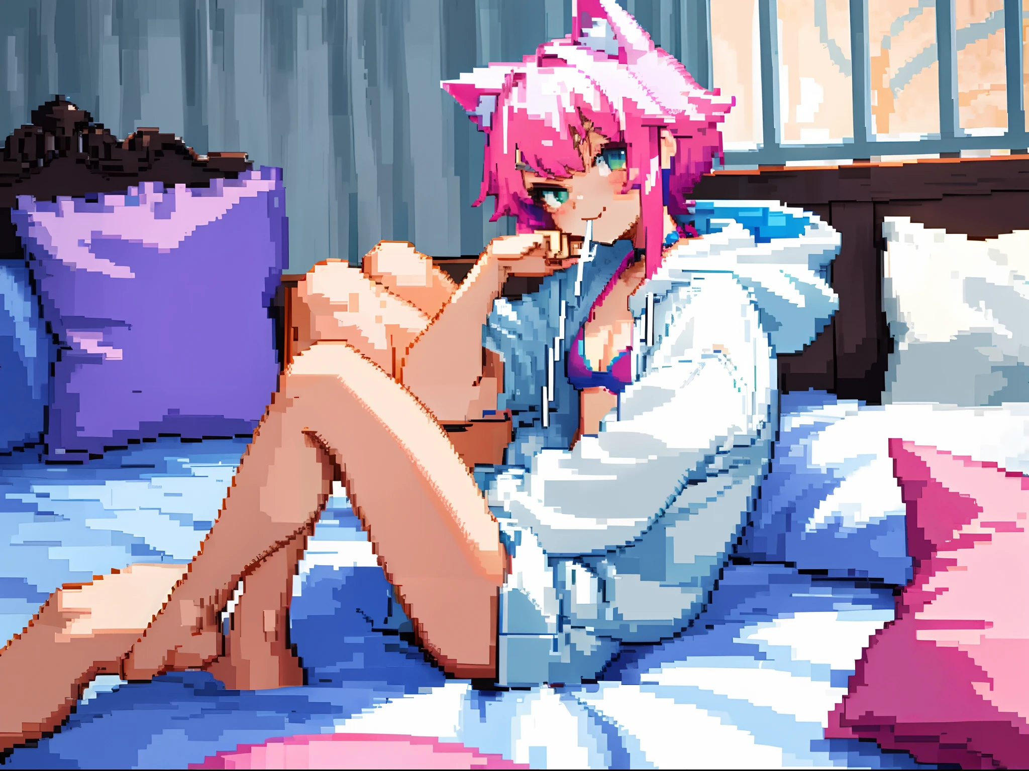 petite lady on bed, wearing white hoodie and a bikini bottom, cat mouth, smug, (:3:1.0), pixel art