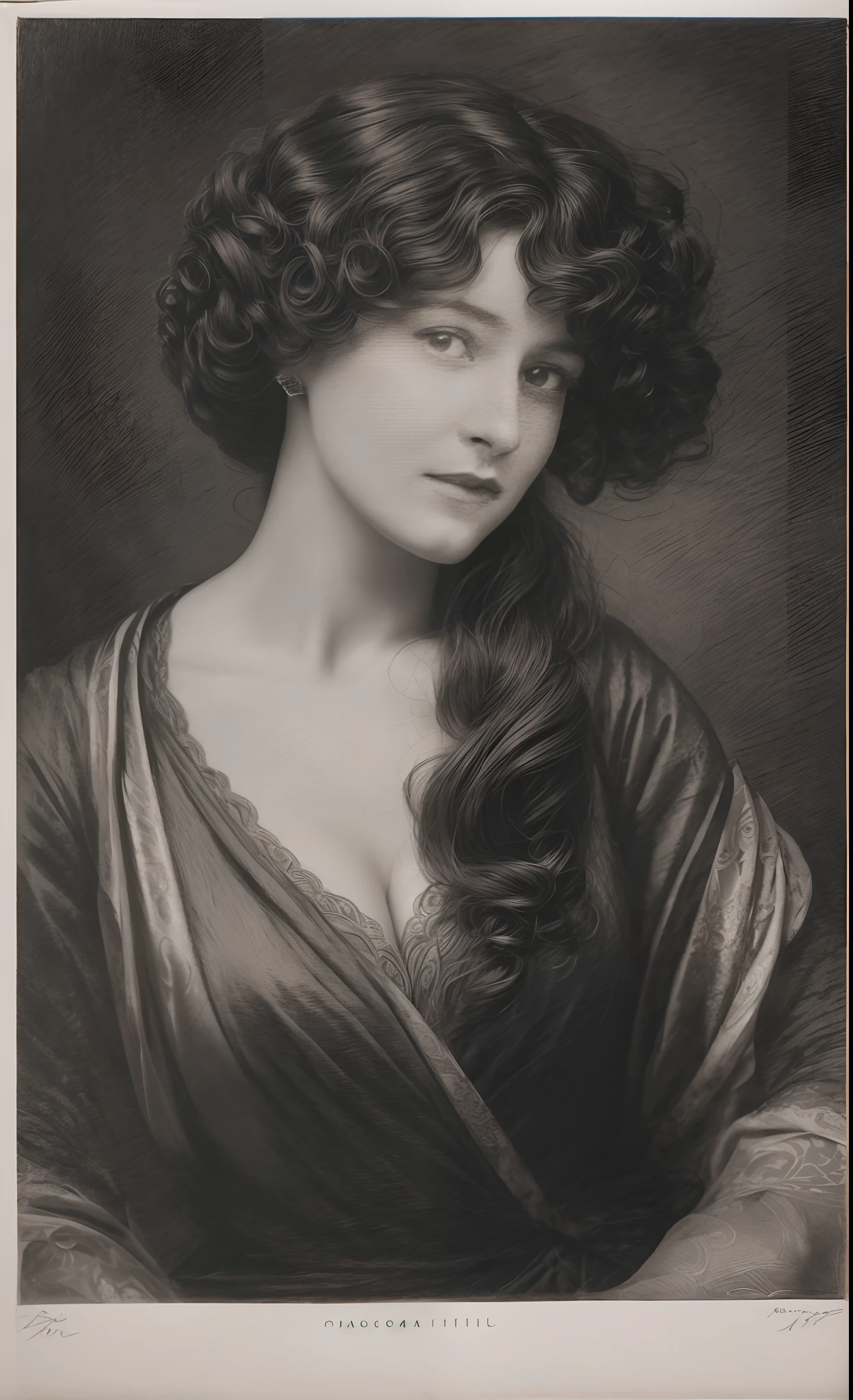 arafed portrait of a woman with a large hairdo, photogravure, portrait of the actress, portrait of a beautiful woman, lithograph, leonora karrington, art nouveau portrait, by Violet Oakley, beautiful portrait of a woman, head and shoulders portrait, grayscale 1 9 0 0 s picture, rosetti, woman's portrait, portrait of young woman, 8k portrait, detailed intricate fabric texture, (charcoal black theme:1.3), spiral patterns, body freckles, bright, high quality image, masterpiece, detailed hair texture, detailed skin texture, detailed cloth texture, 8k, add fabric details, ultra detailed skin texture, ultra detailed photo, skin pores, cloth details, high skin details, realistic hair details, (8K, RAW photo, best quality, masterpiece:1.2), (realistic, photo-realistic:1.4), ultra-detailed (grainy:0.2)
