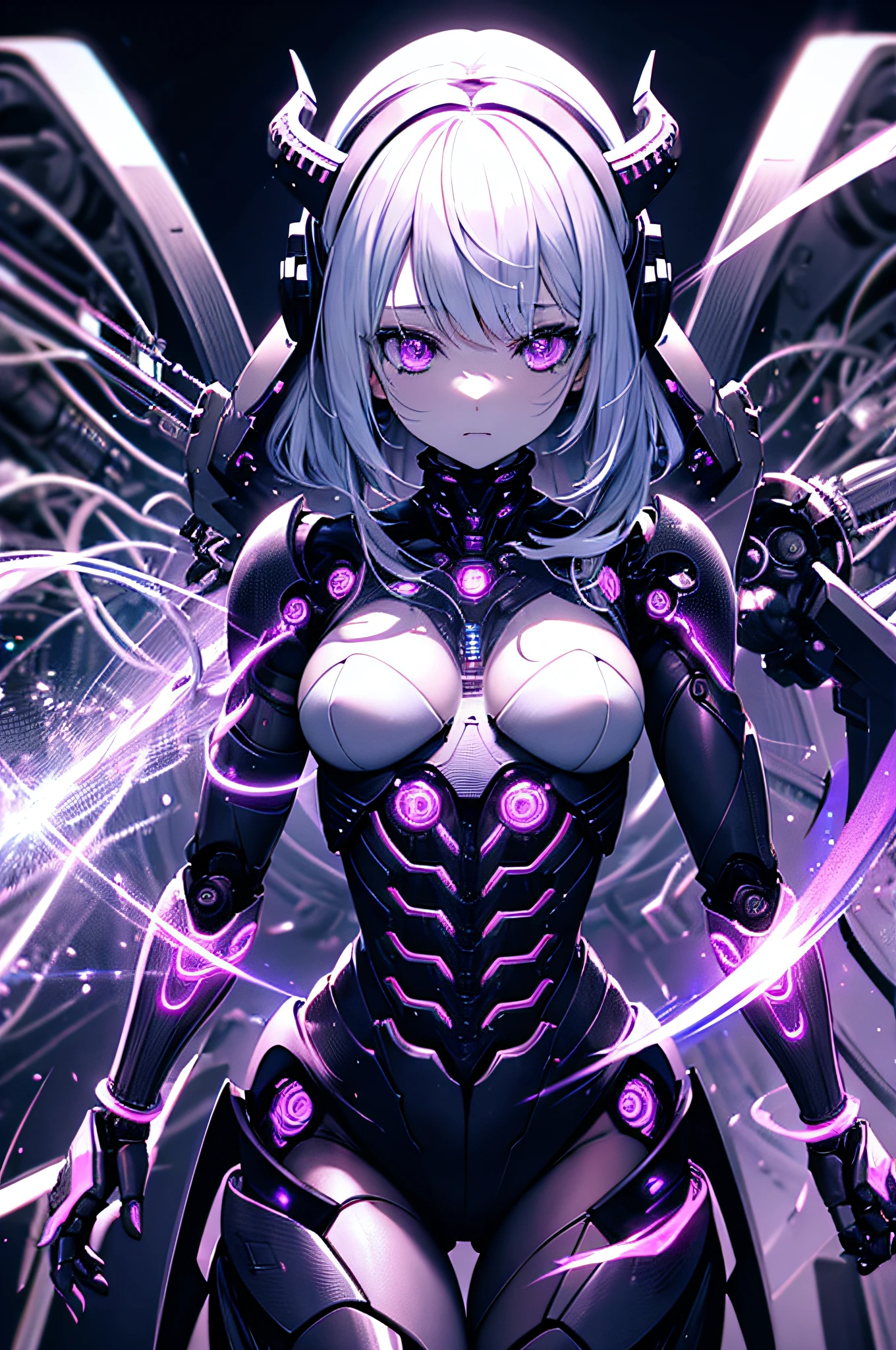 humanoid girl, transforming into a machine, energy wires entering her head, details on the mechanical parts, biomechanical style, HR Giger style, purple coloring in the image, high resolution