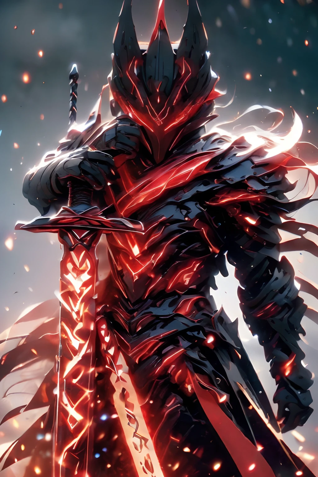 (high quality,4k,8k,highres,masterpiece:1.2),ultra-detailed,(realistic,photorealistic,photo-realistic:1.37),futuristic knight,black armor with fiery red magma details,sun-colored eyes, fair skin, curly red and black hair, holding a sword emitting magma and lights.