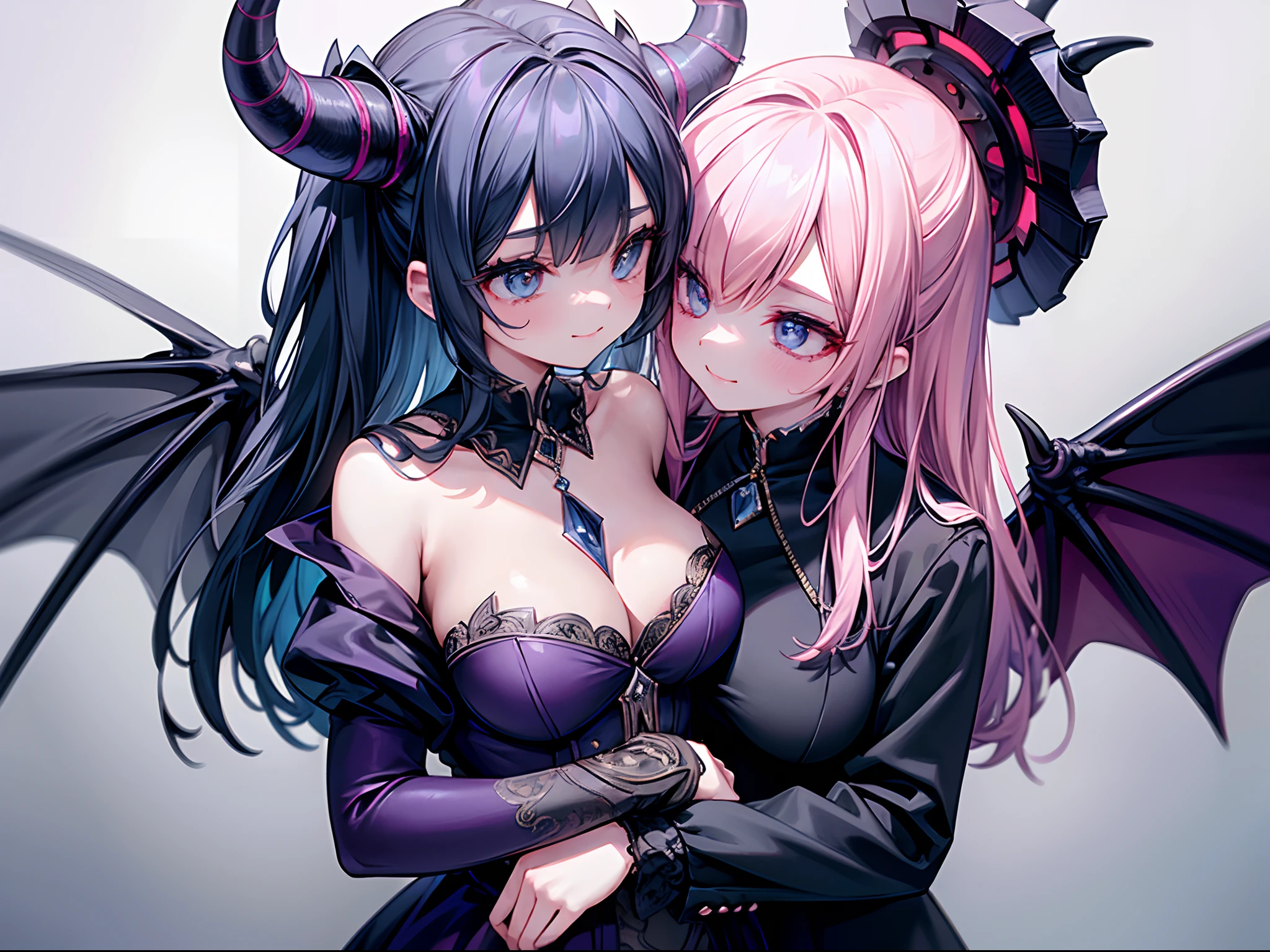 (8k, 16k, award-winning, highest quality, high resolution, intricately detailed, highly detailed, anatomically correct), cinematic lighting, (The Devil Whispers in a Woman's Ear: 1.4), The Devil is a Woman A sly face, a nihilistic smile, a two-shot, a woman and a devil, a woman in a suit, a horned devil whispering in the woman's ear, and a devil with wings, whispering in the woman's ear. speak in