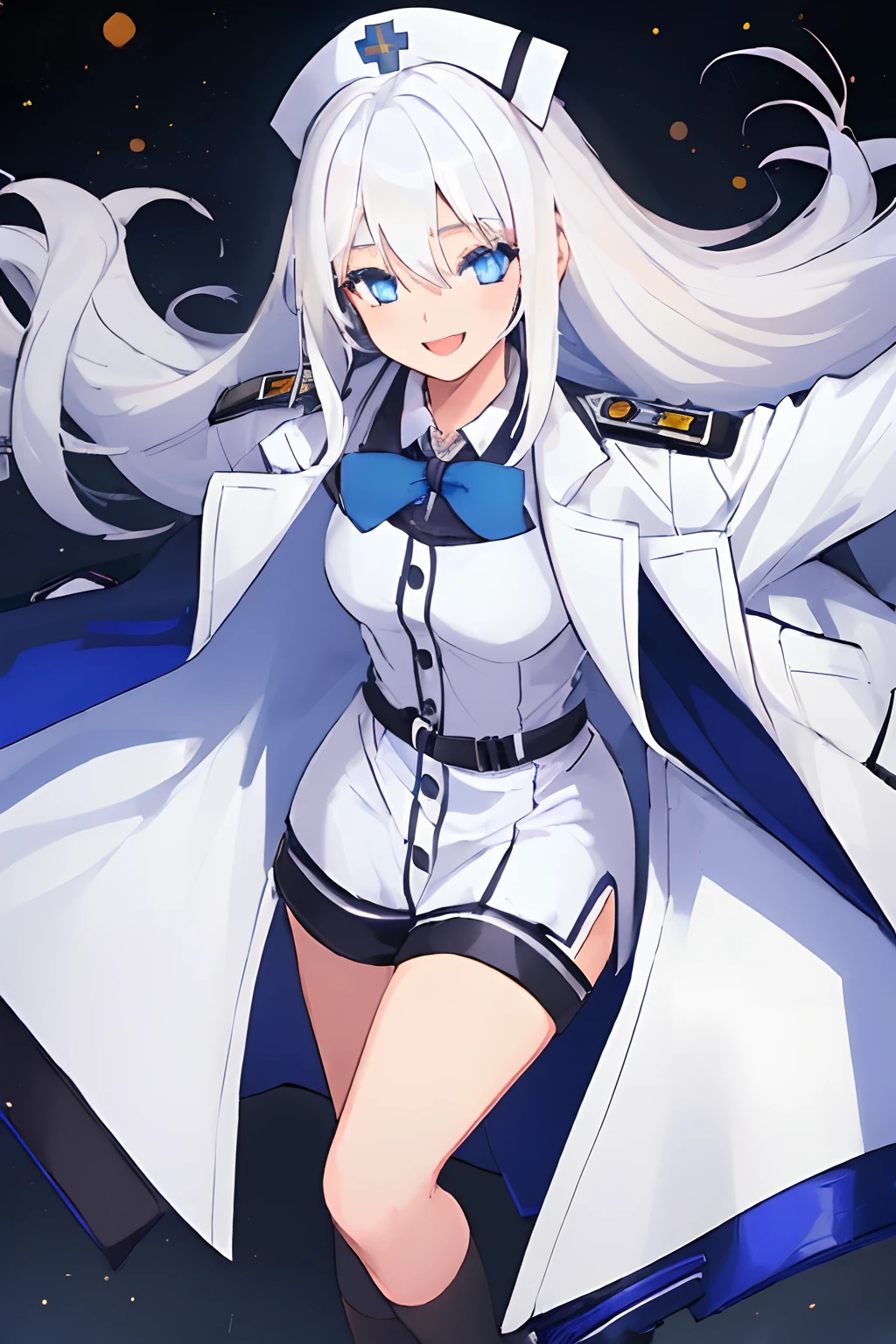 ((((1 girl)))), ((((solo)))), fullbody, ((((white hair)))), long hair, ((((blue eyes)))), happy, smile, 18 year old, dynamic angle,  (((Doctor’s Coat))), nurse,  Halloween cosplay, in tokyo