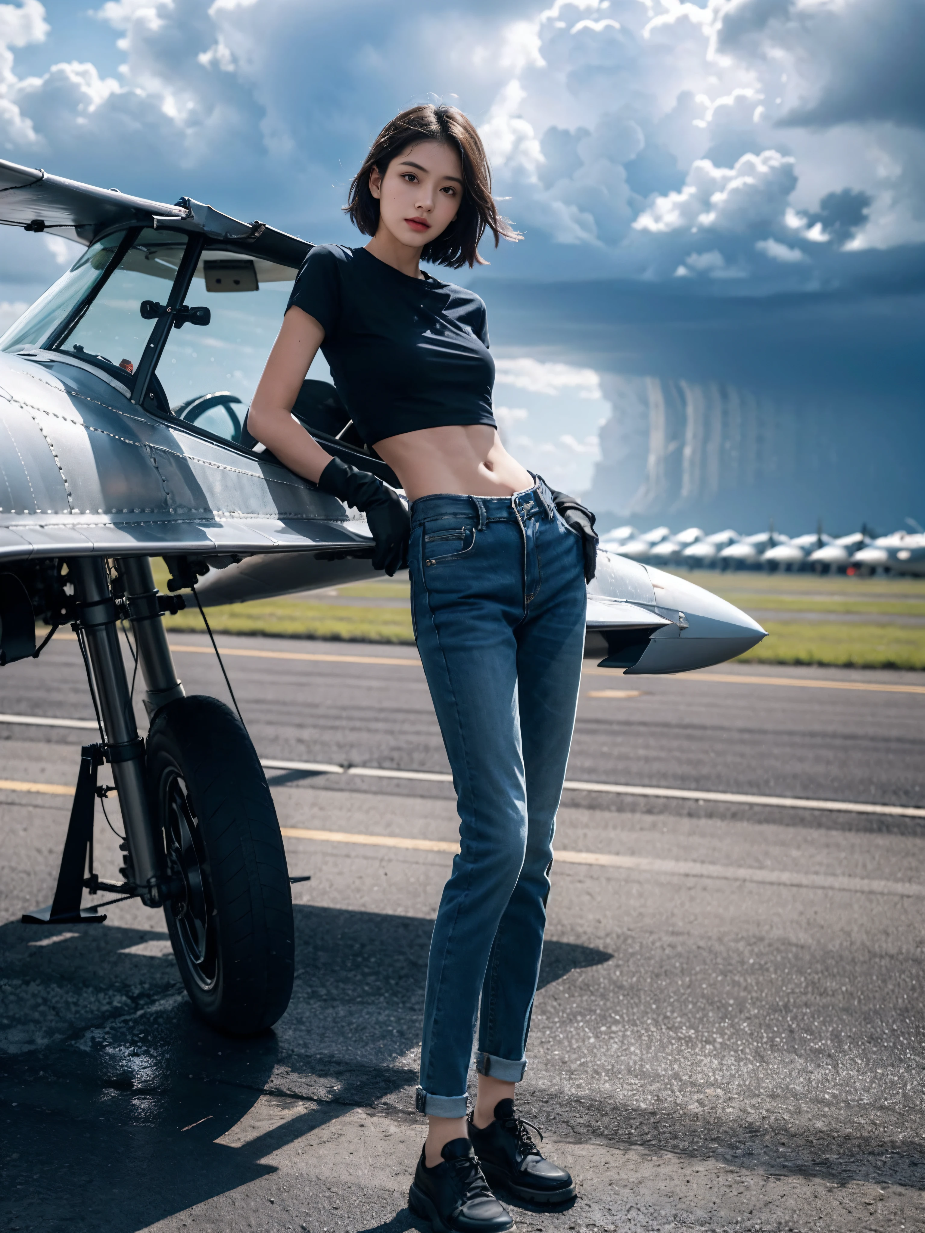 ((smallunderboob,Tomboyish,small heads)), (Well-defined abs: 1.1), (perfect bodies: 1.1), (short-length straighthair: 1.2), Black hair, upper body photos,（极其细致的CG 8k壁纸），（Extremely refined and beautiful），（tmasterpiece），（best qualtiy：1.0），（超高分辨率：1.0），beautiful light up，Perfect lightning，realistic shaded，[A high resolution]，Smooth and flawless fair skin，ultra - detailed ，Elongated legs，flatchest，Slim，emaciated，Female repairman，At military airfields，On the tarmac of a fighter，open air，summertime，in the afternoon，Severe cloudy days，with intense rain，Next to the huge Su-27 fighter，Under the wing of the fighter，Next to the landing gear of the fighter，Next to the tires，are standing，Wear dirty dark blue gloves on both hands，Dark blue short-sleeved T-shirt，Dark blue fabric trousers，Dark blue cloth shoes