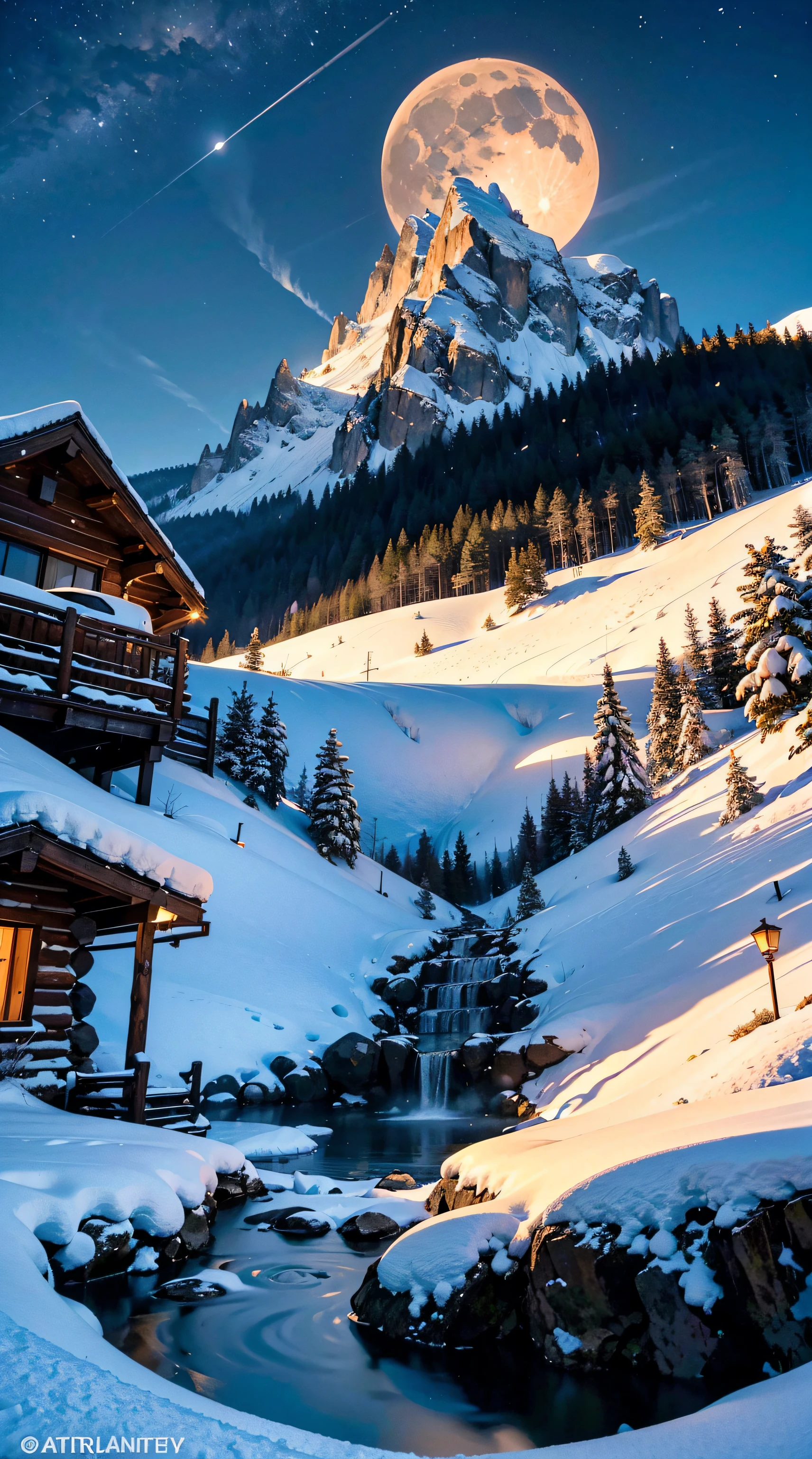 Masterpiece、top-quality、A hyper-realistic、Photorealsitic、Rugged mountains々A mountain that rises with transcendently steep snow, illuminated by the moon, looking up from an open-air hot spring in an open-air hot spring in a log cabin that stands along the mountainside on a cliff々