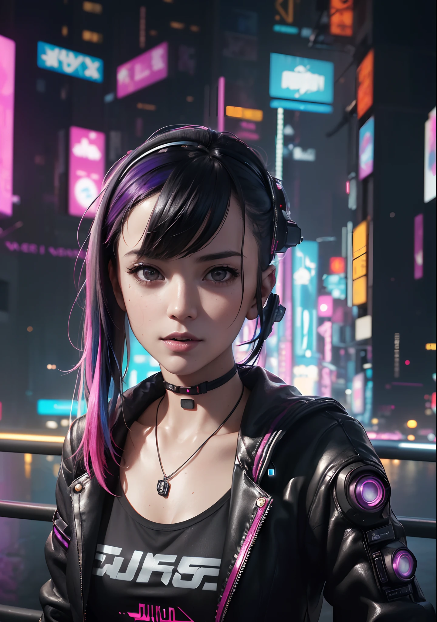 analog style, model shoot style, photo ((selfie:1.8)) of a girl, 1girl, (cyberpunk:1.8, cyberpunk city background:1.8), ((cutest face: 1.8, perfect face:1.3)), (long multicolored hair:1.4, pale skin:1.5), (from above:1.2), best quality, epic (by lee jeffries photo, sony a7, 50 mm, pores:1.5, colors, hyperdetailed:1.5, film grain:1.4, hyperrealistic: 1.5), octane render, hyper-realistic lifelike texture, masterpiece, unreal engine 5, Extremely detailed CG unity 8k wallpaper, Madly detailed photo, hyper-realistic light, (Winner of the Pulitzer Prize for Photography and Taylor Wessing Photographic Prize)