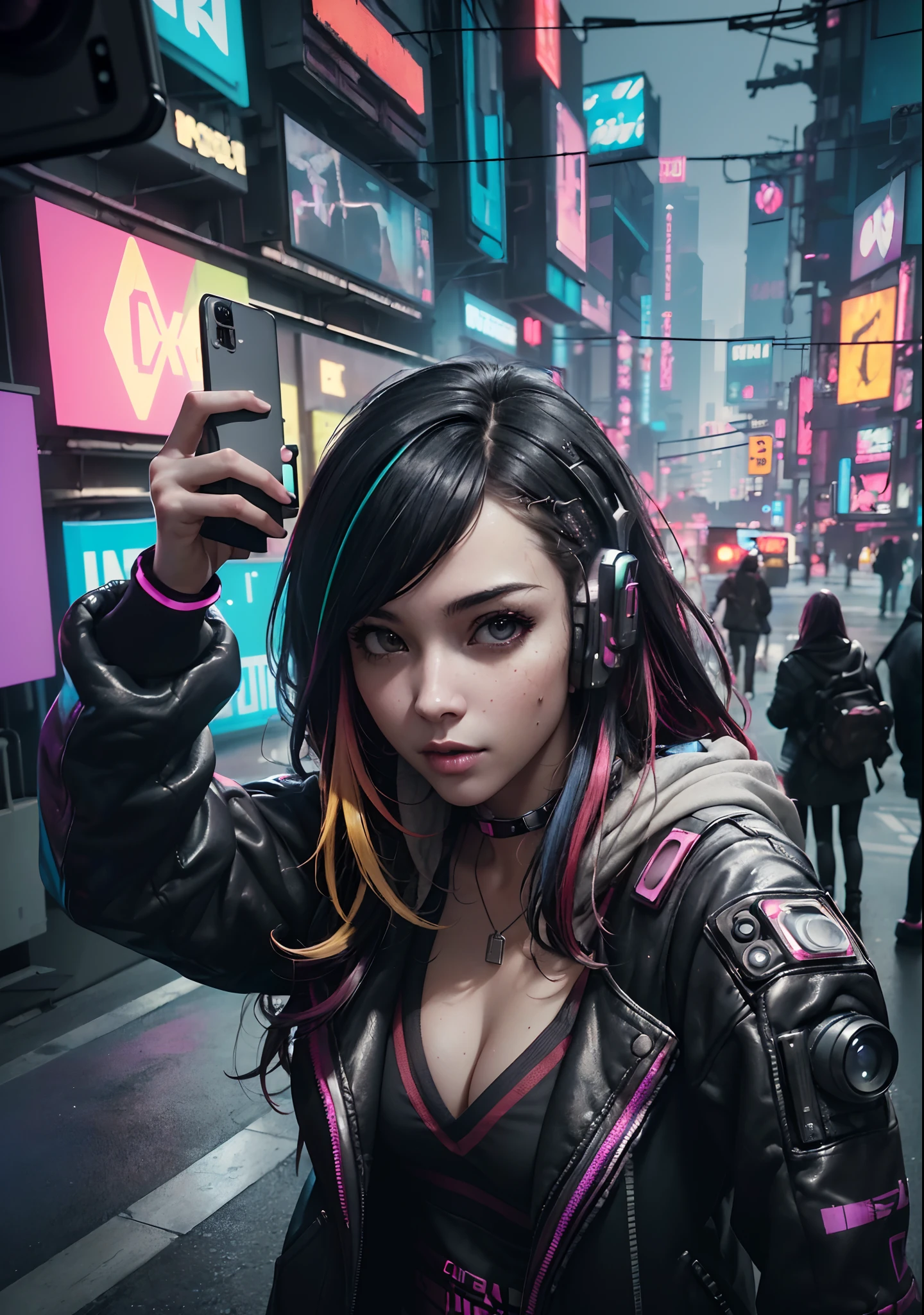 analog style, model shoot style, photo ((selfie:1.8)) of a girl, 1girl, (cyberpunk:1.8, cyberpunk city background:1.8), ((cutest face: 1.8, perfect face:1.3)), (long multicolored hair:1.4, pale skin:1.5), (from above:1.2), best quality, epic (by lee jeffries photo, sony a7, 50 mm, pores:1.5, colors, hyperdetailed:1.5, film grain:1.4, hyperrealistic: 1.5), octane render, hyper-realistic lifelike texture, masterpiece, unreal engine 5, Extremely detailed CG unity 8k wallpaper, Madly detailed photo, hyper-realistic light, (Winner of the Pulitzer Prize for Photography and Taylor Wessing Photographic Prize)