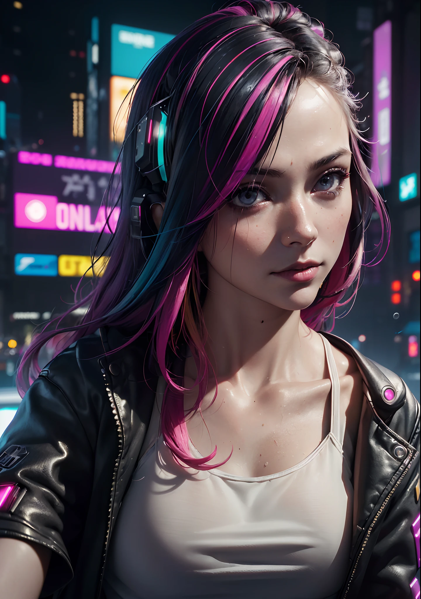 analog style, model shoot style, photo ((selfie:1.8)) of a girl, 1girl, (cyberpunk:1.8, cyberpunk city background:1.8), ((cutest face: 1.8, perfect face:1.3)), (long multicolored hair:1.4, pale skin:1.5), (from above:1.2), best quality, epic (by lee jeffries photo, sony a7, 50 mm, pores:1.5, colors, hyperdetailed:1.5, film grain:1.4, hyperrealistic: 1.5), octane render, hyper-realistic lifelike texture, masterpiece, unreal engine 5, Extremely detailed CG unity 8k wallpaper, Madly detailed photo, hyper-realistic light, (Winner of the Pulitzer Prize for Photography and Taylor Wessing Photographic Prize)