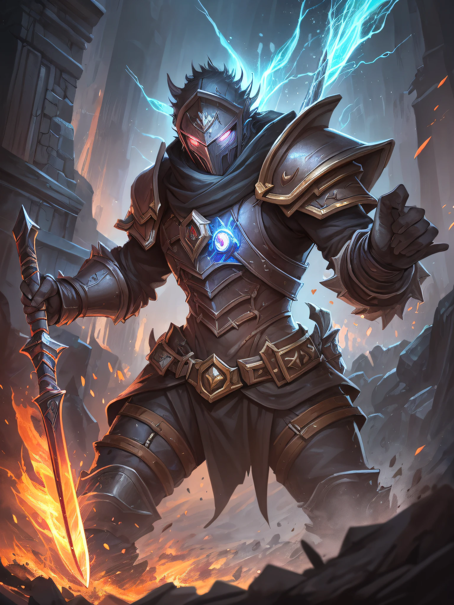 hearthstone card, front game card, from hearthstone, hearthstone card art, Card game, warrior, League of Legends character, League of Legends concept art, splash art, League of Legends splash art, official splash art, League of Legends art, League of Legends character art, League of Legends , League of Legends Splashart, skill power, concept art, best quality, detailed, best quality, high quality, High details, A close-up of a menu with a fantasy adventure theme background, Dungeons & Dragons RPG concept fantasy art and various icons, game interface, game interface, Game HUD, Game UI asset design, UI board, item art, Game icon asset, stylized game icon, Game style Hearthstone color, HUD health bar, PC screenshot, game screen, detailed screenshot, no volcano, game overlay, ...png, NO PREVIEW, A game-based battle card，To have various attributes such as：wind, fire, lightning, Dark Earth, gold, Wood, water, ice。Other systems make their own edits。monster, Warrior, holding a sword bright in his hand, weapon concept art fantasy, skiil power,surrounding the weapon dark energy, (Best Quality,4K,High resolution), Berserk-inspired armor, medieval outfits, dark fantasy aesthetics, battle-worn details, intricate engravings, oversized weapons, style of Kentaro Miura, stark contrasts, heavy shadows, detailed line work, gothic color palette, mature anime style, intense battle scenes, dystopian environments, muscular anatomy an epitome of lethal beauty and arcane power, Dynamic lighting, fiery glow, Digital Art, Energetic, Intense, Dynamic Lighting, Fantasy, High Realism, Fiery Illumination concept art, splash art --niji 5 --auto --s2