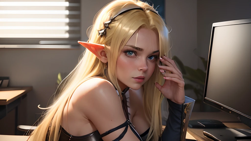 Moaning 20-year-old blonde elf girl with long wavy hair and blue eyes riding orc genitals in office. Orc with erect genitalia. delicate detail. ultra details. An atmosphere of excitement and lust. Leakage from the genitals.