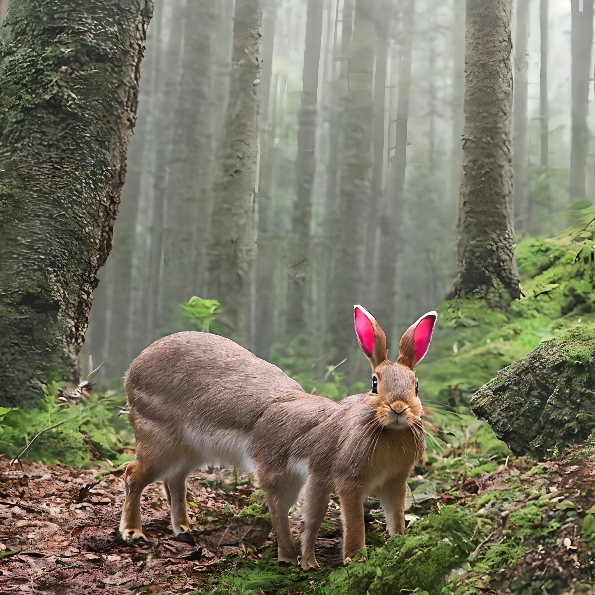 ((Best quality, 8K, Masterpiece :1.3)), Sharp focus :1.2,a cute bunny,Watch the map and hike through the forest,Adventurous Bunny,Travel Bunny,Magic Forest