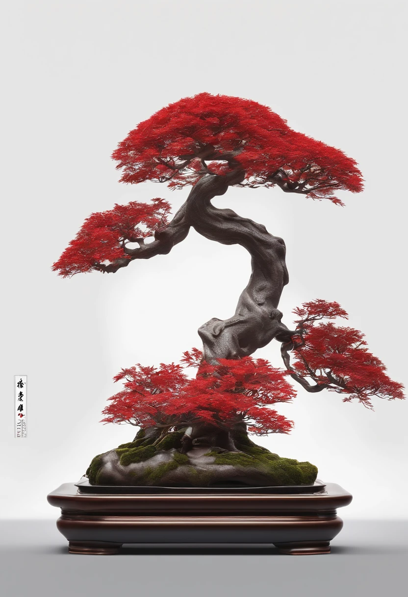 A red leaf tree,It says bonsai syrup, Bonsai, Made from bonsai, inspired by Yoshida Hanbei,Inspired by Oscar Dominguez, concept art 2022, white backgrounid